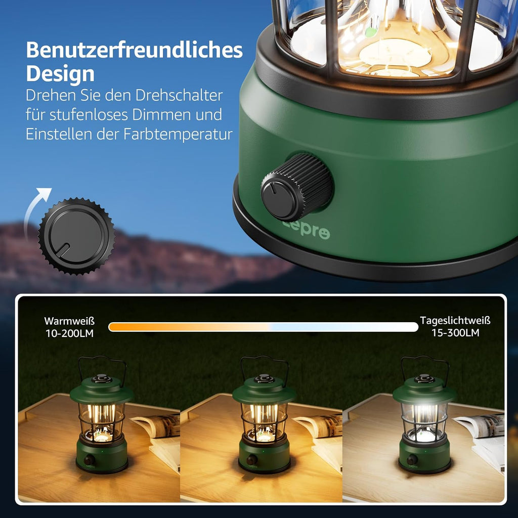 Lepro LED Retro Campinglampe wiederaufladbar dimmbar Powerbank IPX4 schwarz