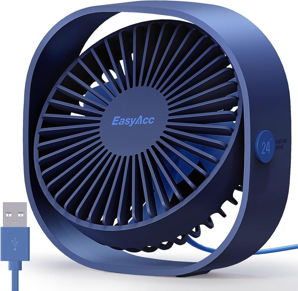 EasyAcc USB Tischventilator blau, leise, 3 Geschwindigkeiten, 360° Dreh