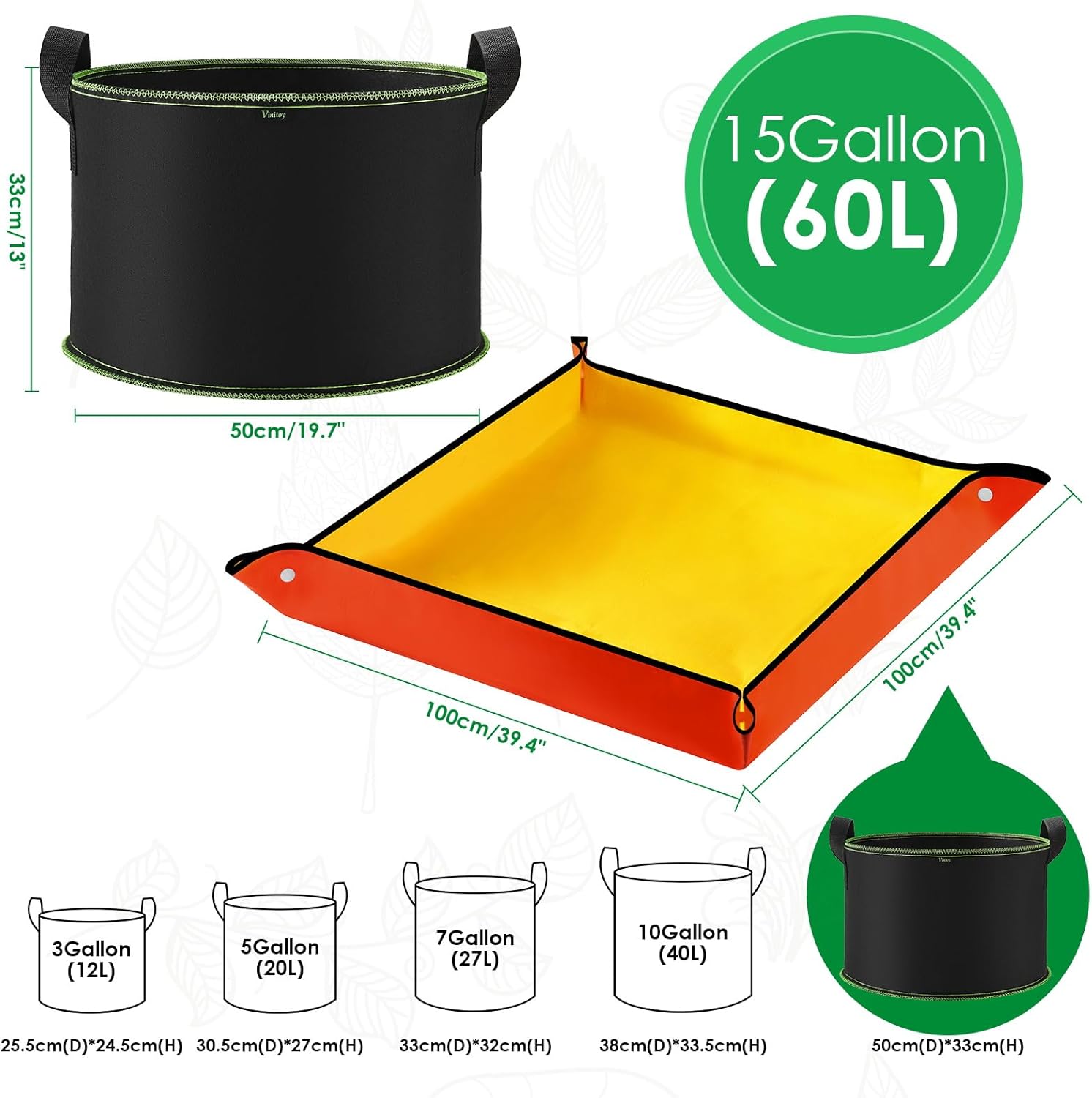 5er Set Stofftopf Vlies Grow Bag mit Griffen + 100×100 cm Pflanzmatte -6