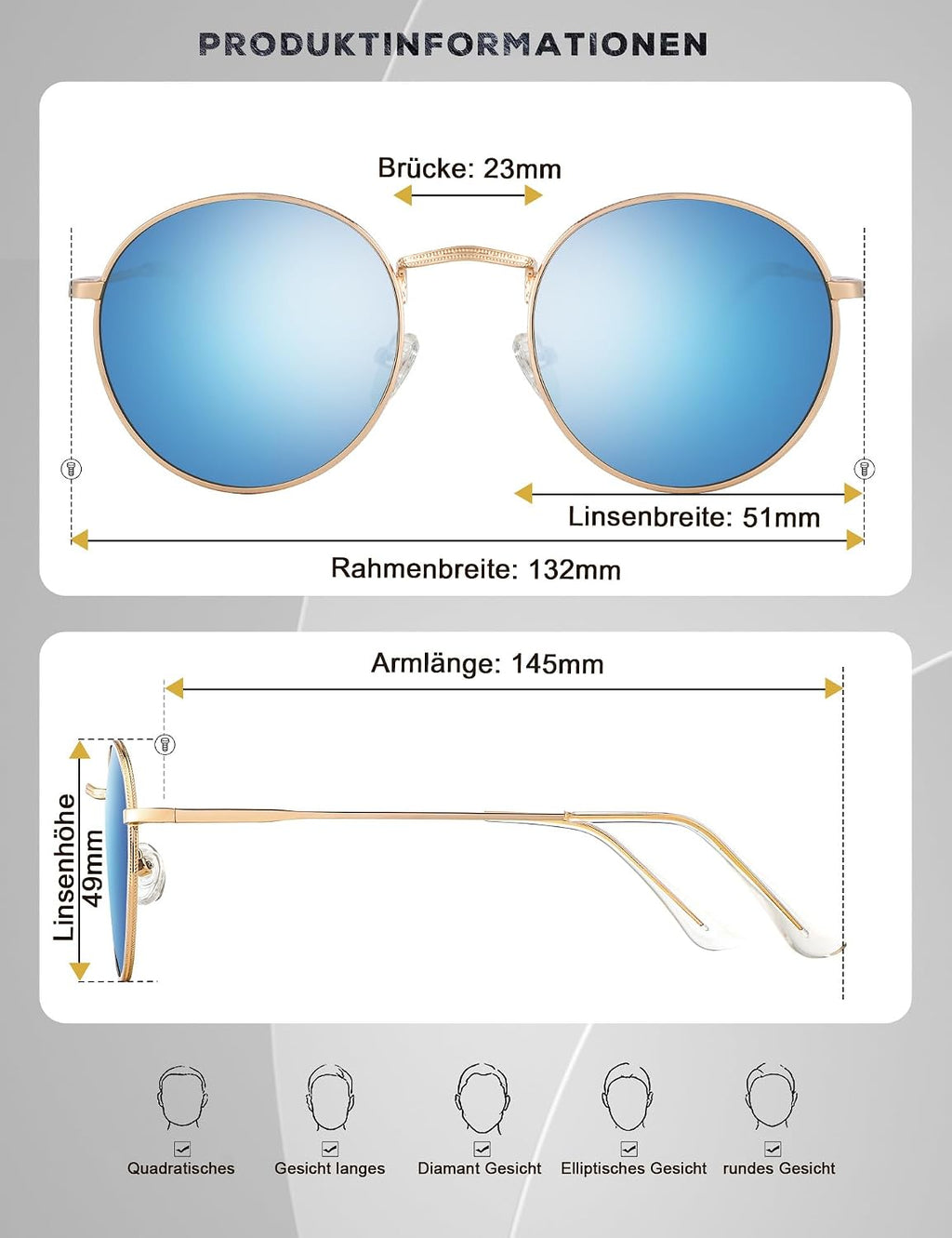 HENGOSEN Herren Sonnenbrille rund polarisiert Metallrahmen Retro Unisex