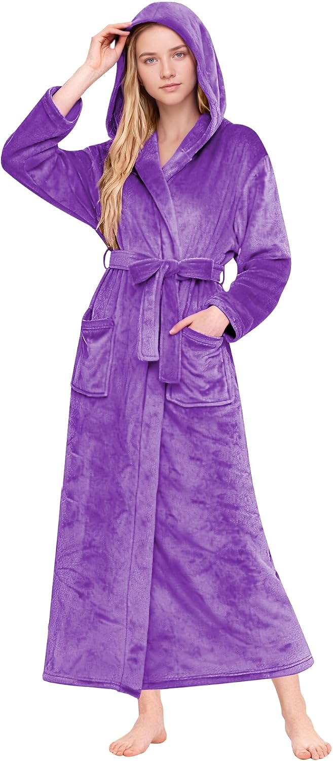 HEARTNICE Damen Bademantel lang mit Kapuze Fleece kuschelig