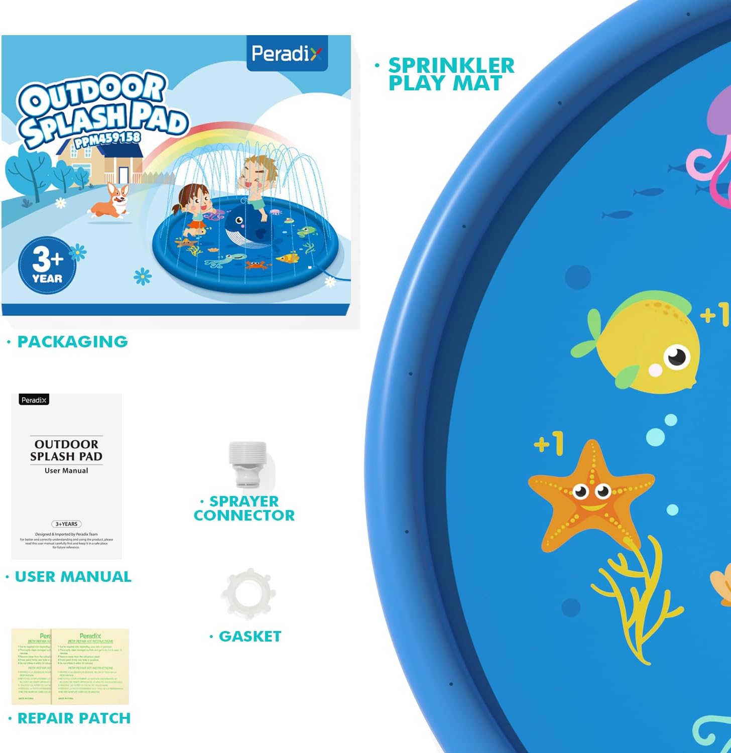 Peradix Splash Pad 170 cm Sprinkler Spielmatte Wasserpool Kinder Garten