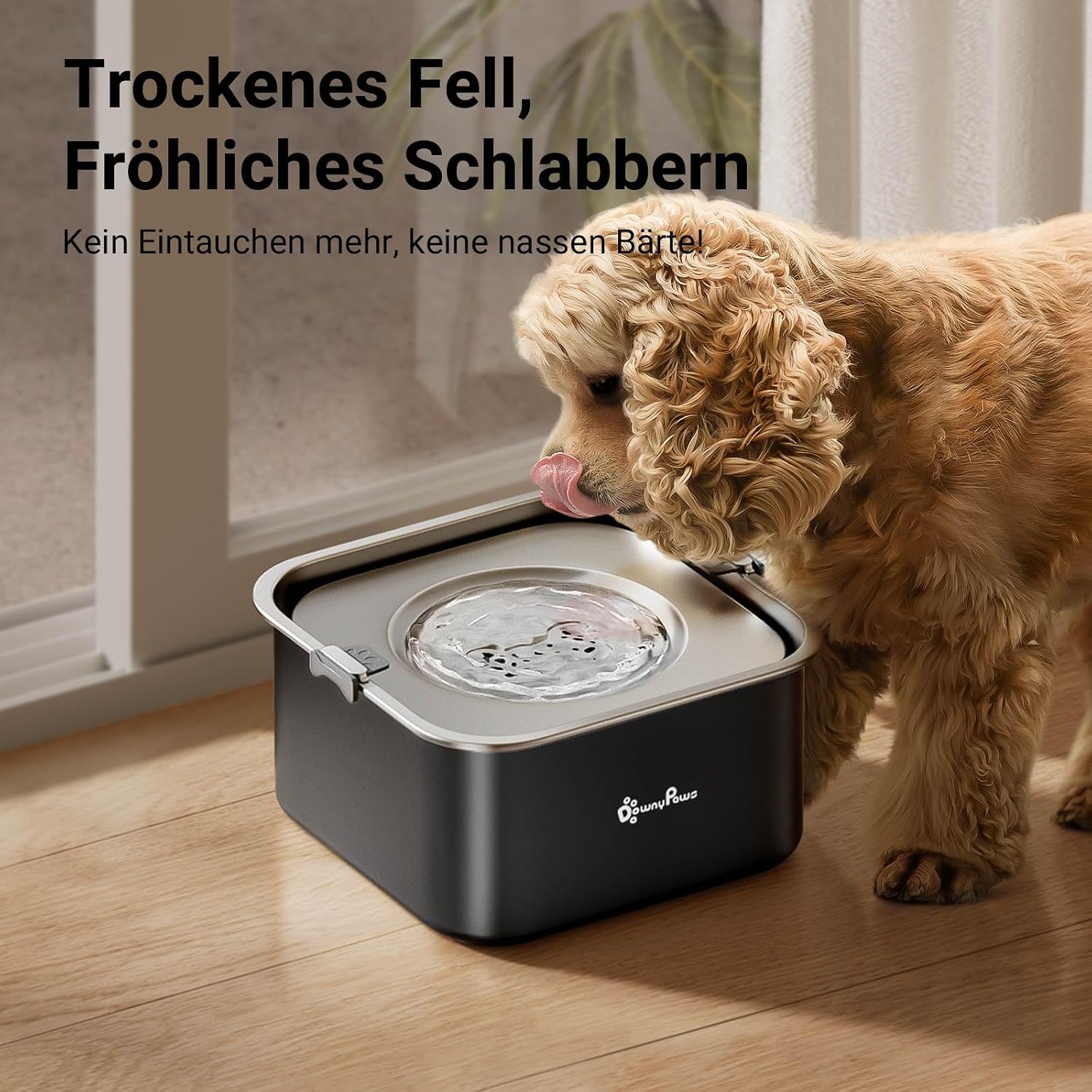 DownyPaws Hundewassernapf aus 304 Edelstahl, tropffrei, fuer drinnen und drauss