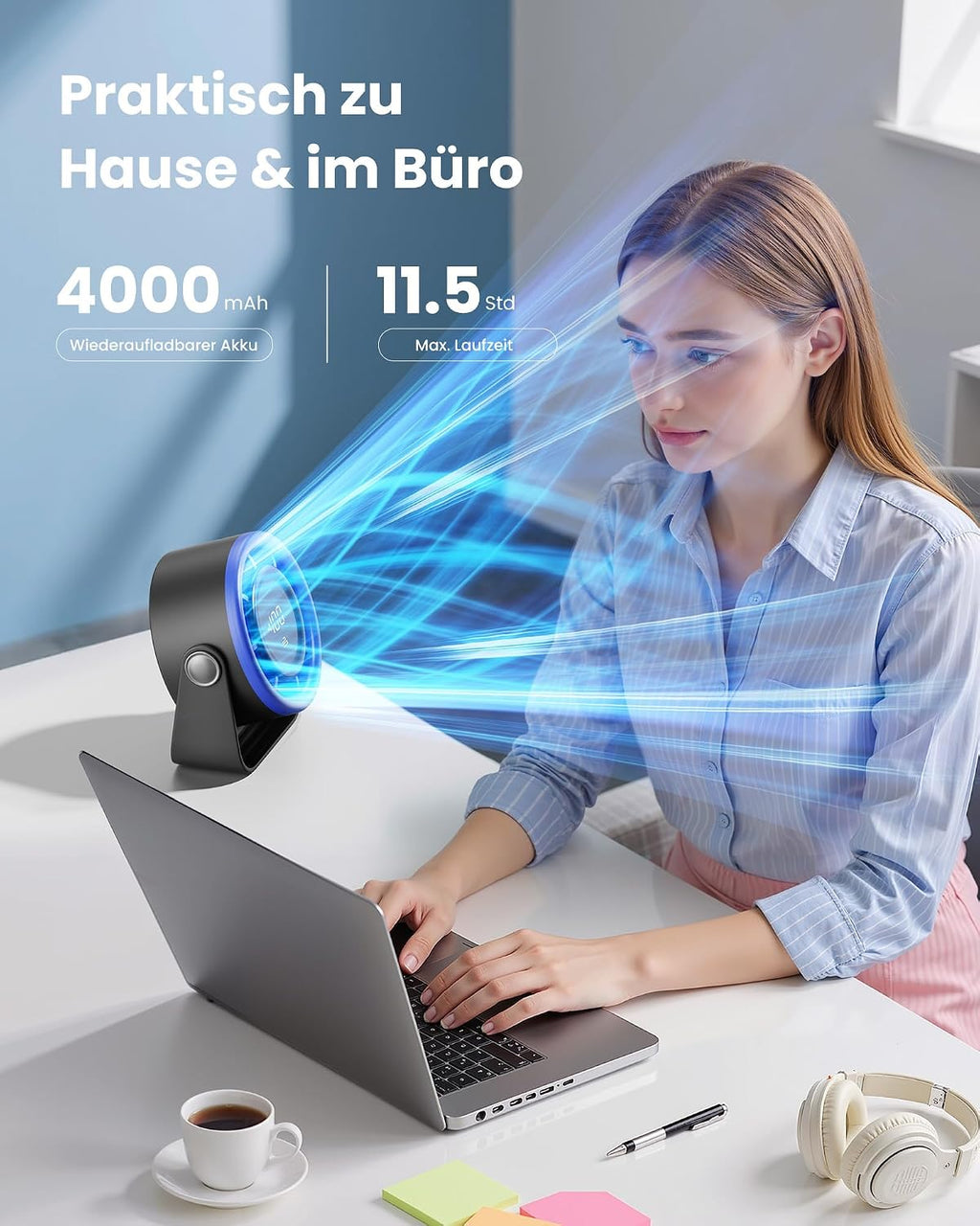 Gaiatop Akku Tischventilator USB 5 Stufen 360° neigbar Touch-Display Schwarz