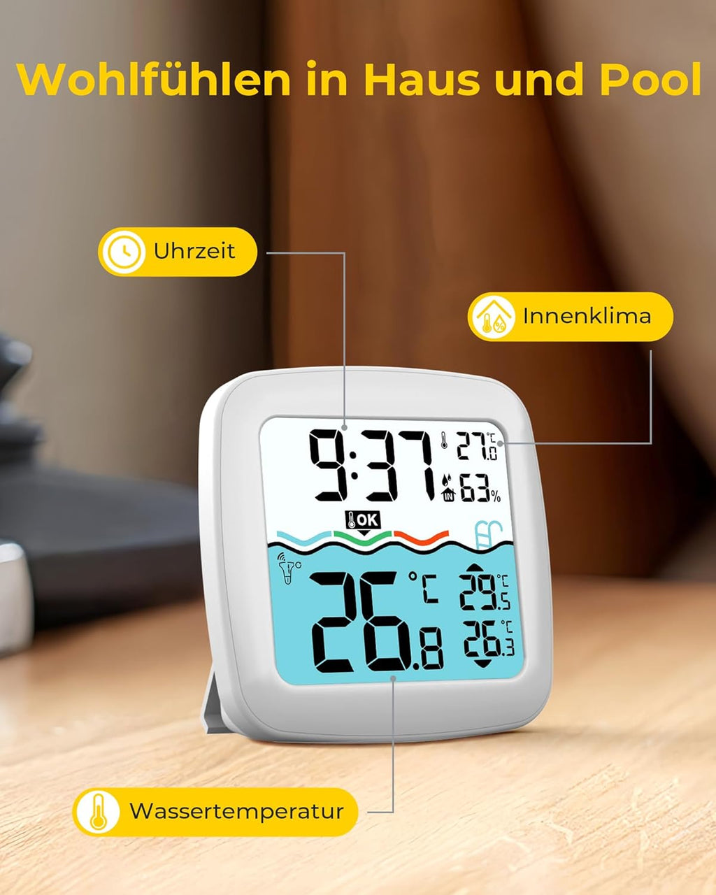 Newentor Funk-Poolthermometer schwimmend mit Basisstation, 100 m Reichweite, 6 M