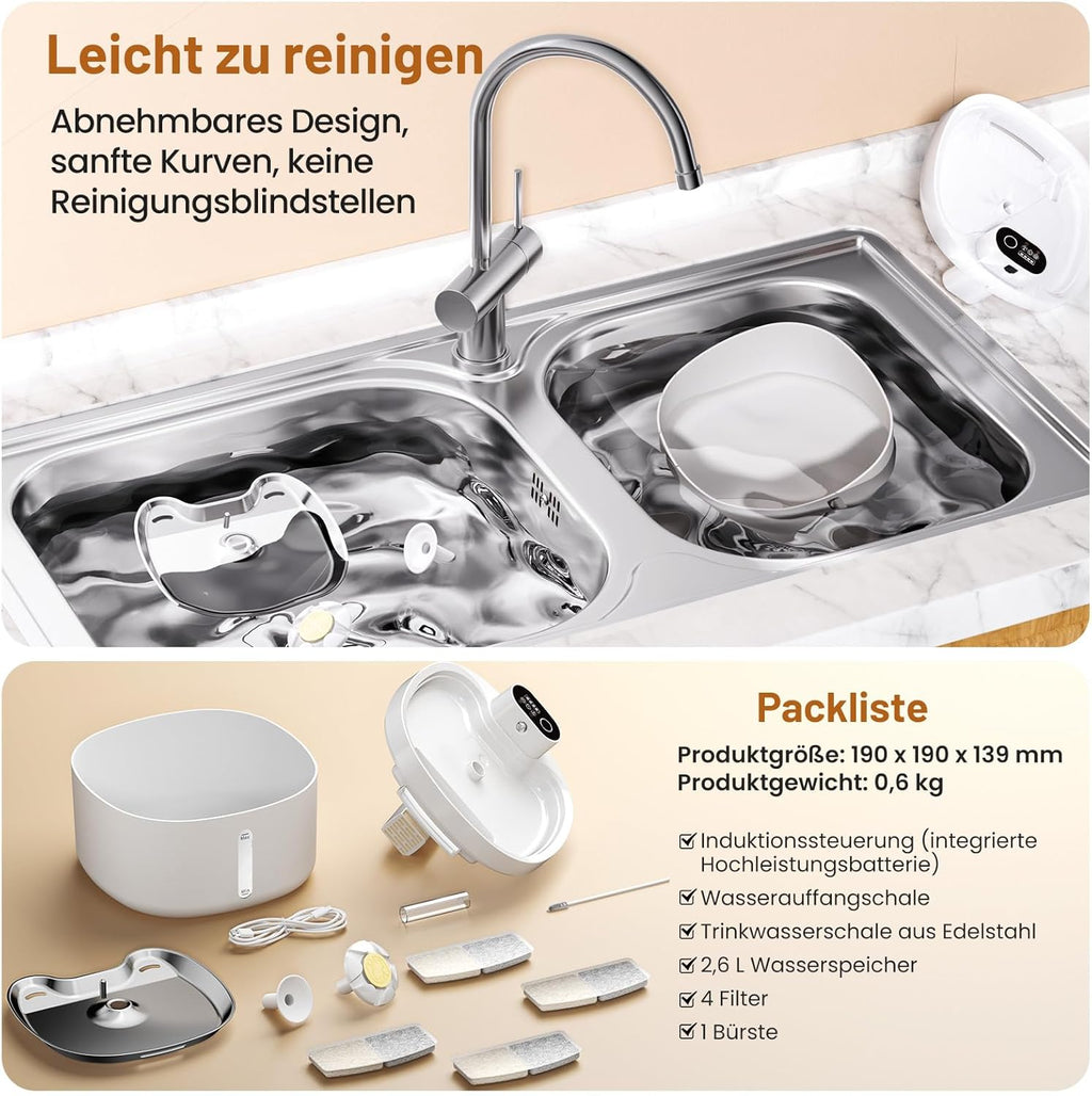 Katzenbrunnen 2,6L mit 4 Filtern 4000mAh Akku leise und batteriebetrieben