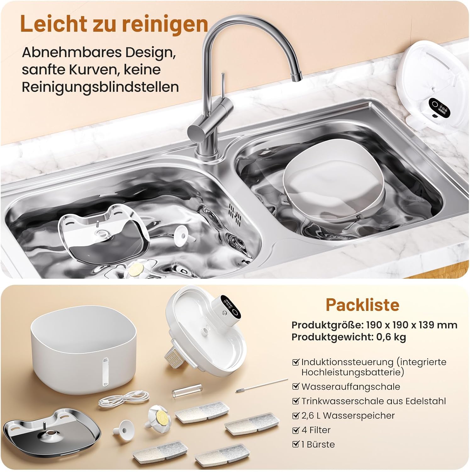 Katzenbrunnen 2,6L mit 4 Filtern 4000mAh Akku leise und batteriebetrieben