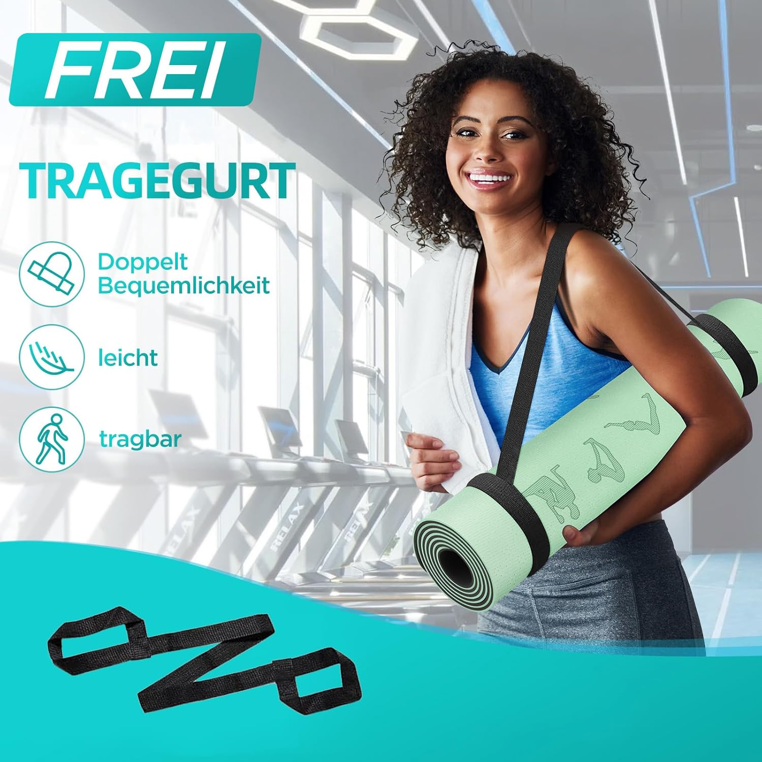 Yogamatte TPE 6 mm 183x61 cm rutschfest Fitnessmatte 181cm-183cm
