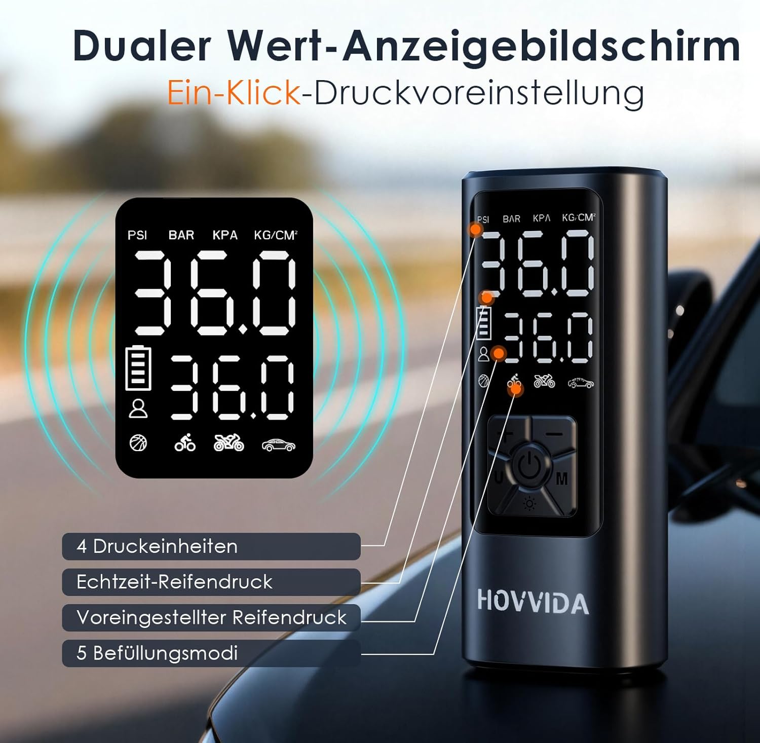 HOVVIDA Akku-Kompressor 10,3 Bar Digitales Reifendruckgeraet fuer Auto Fahrrad E-B
