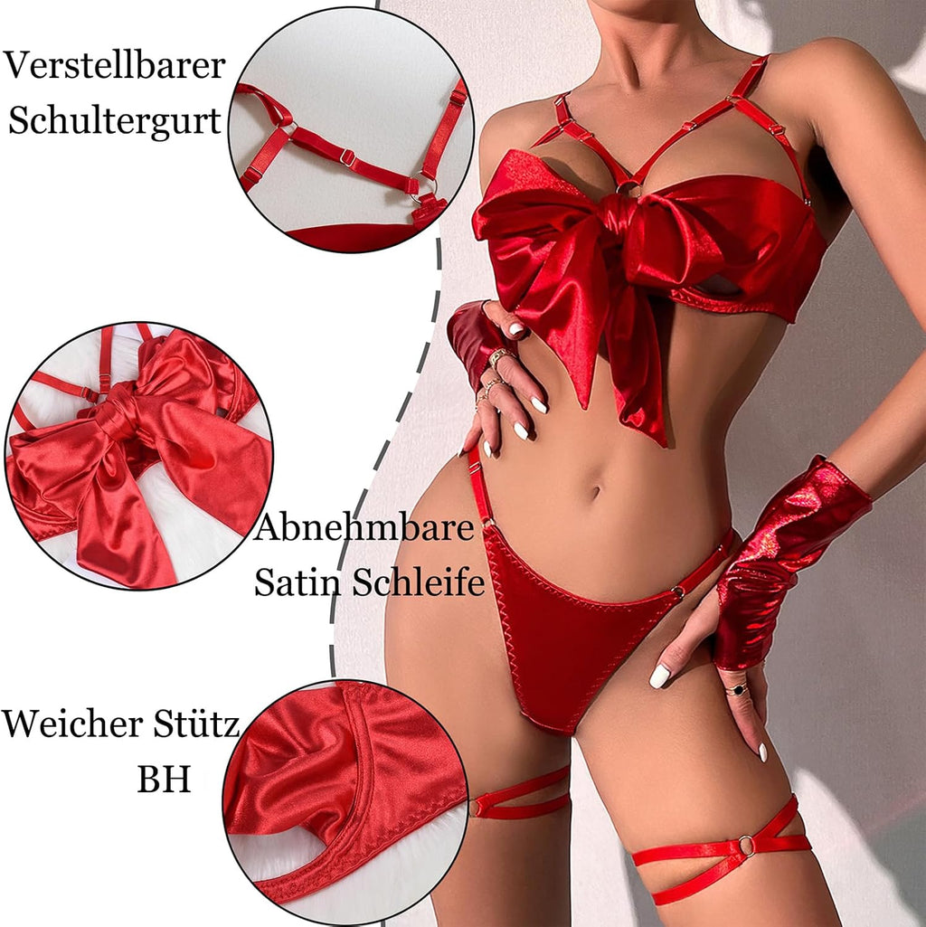 Damen Dessous-Set Sexy Satin Strapsen Hohl BH mit Schleife S-XL