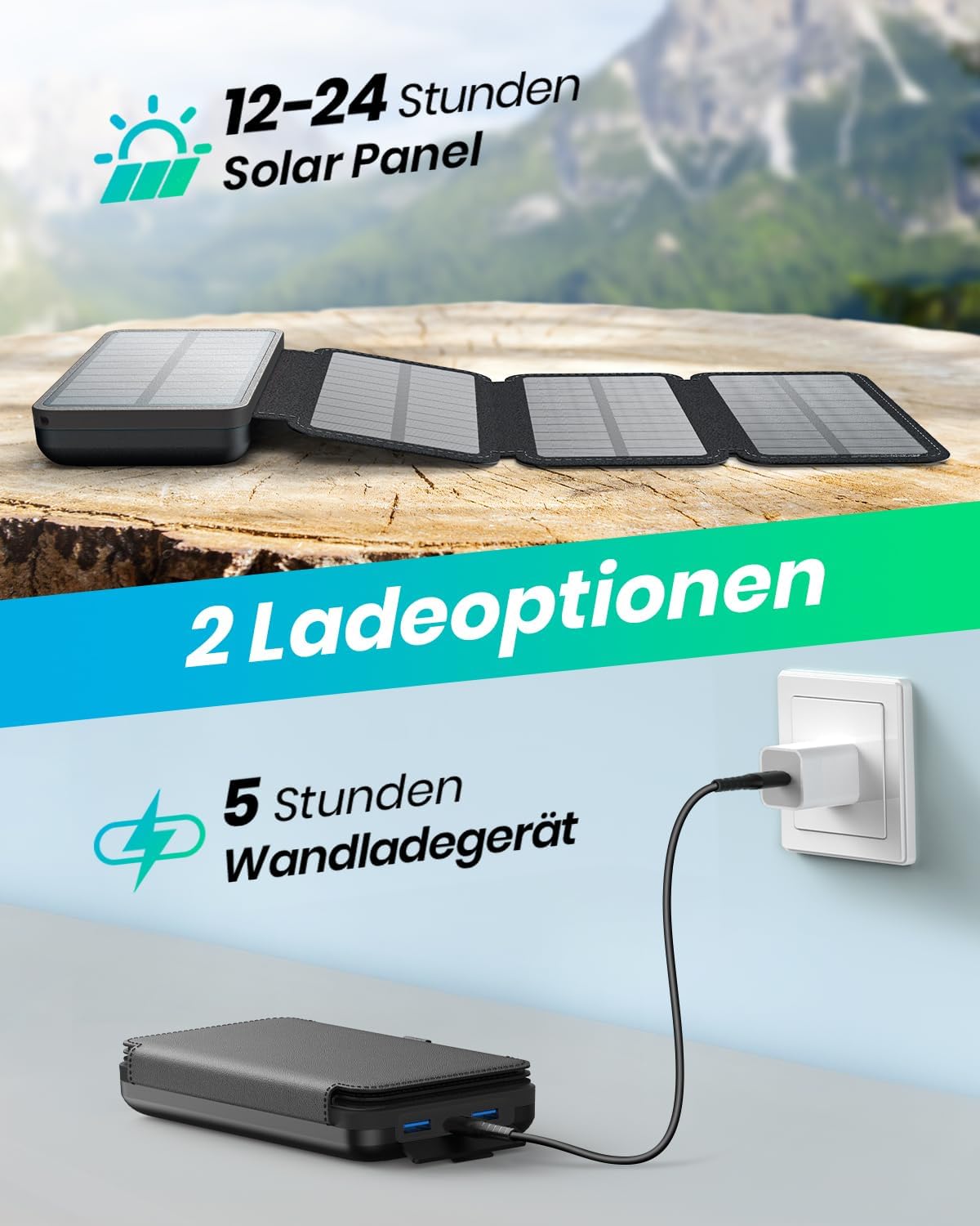 A ADDTOP Solar Powerbank 20000mAh 22,5W USB-C Eing./Ausg. 2xUSB-A Schwarz