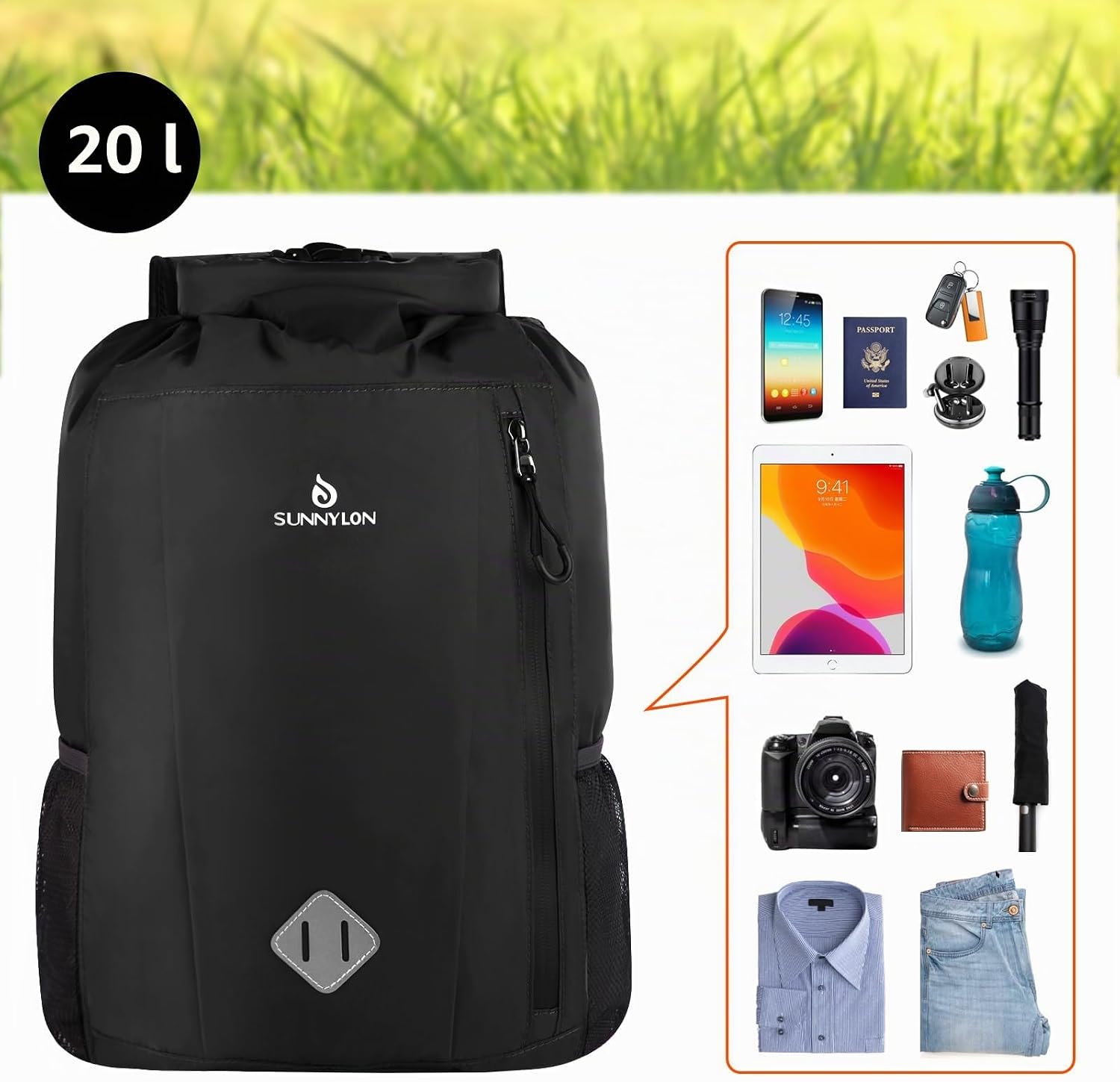 Dry Bag Rucksack 20L wasserdicht IPX8 Rolltop mit Handyhuelle fuer Kajak Strand