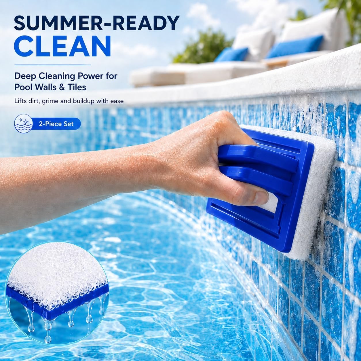 2er Set Poolrand-Schwamm mit Griff Blau - Reiniger fuer Pool, Spa, Badewanne