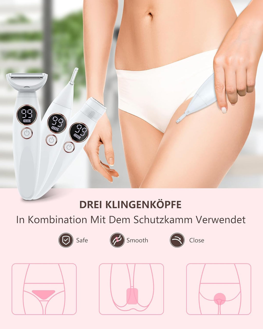 Elektrischer Damenrasierer 3in1 Trimmer wasserdicht Akku NassTrocken