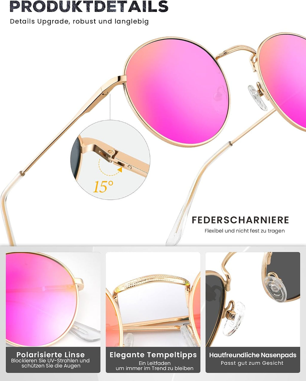 HENGOSEN Herren Sonnenbrille rund polarisiert Metallrahmen Retro Unisex