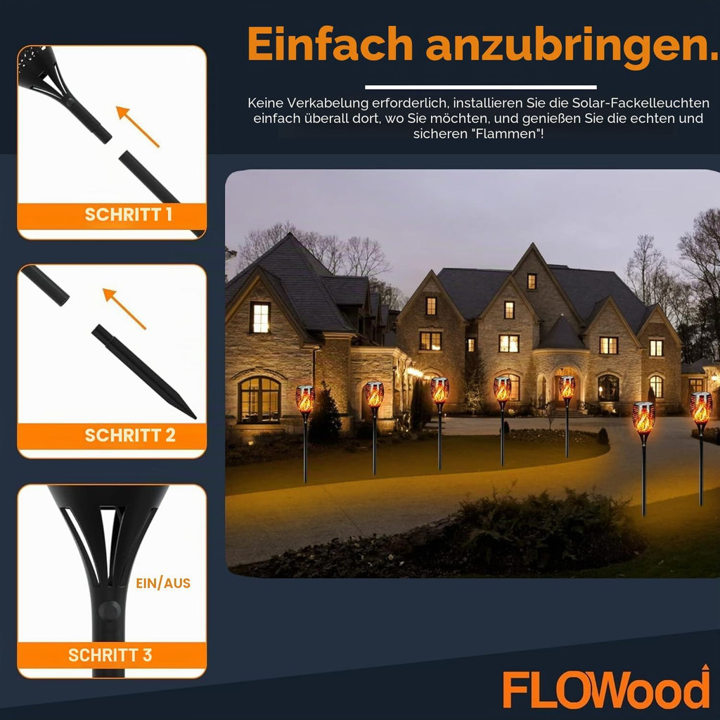 FLOWood Solar-Gartenfackeln 2er Set 110 cm, 96 LED, IP65, flackernd