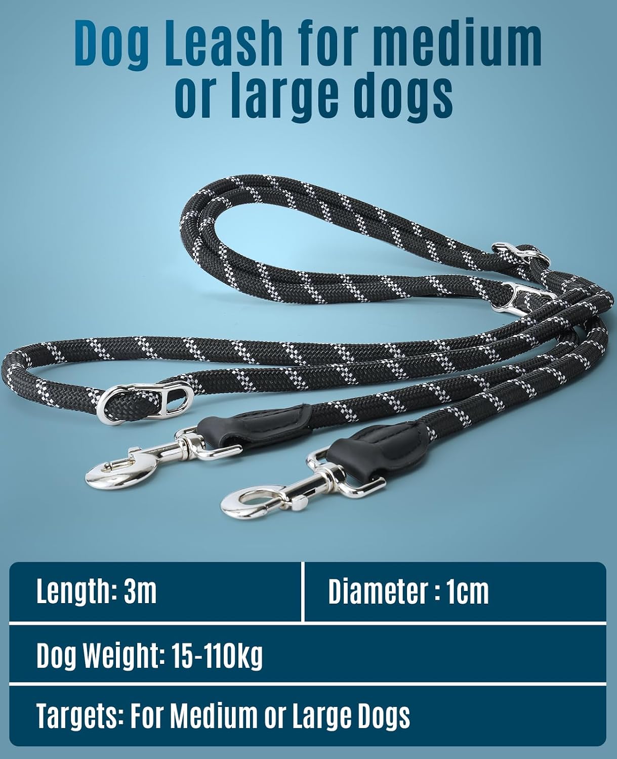 Oneisall verstellbare Hundeleine 3 m reflektierend für 15-60 kg Doppel/Hand