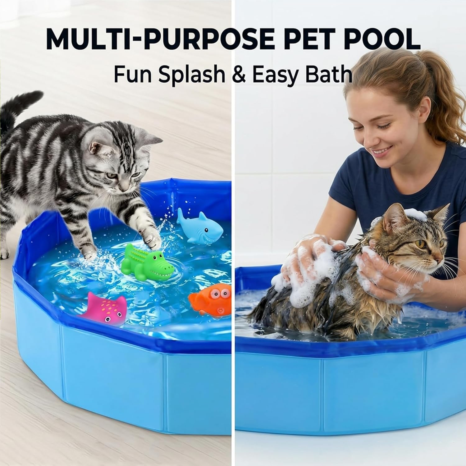 Faltbarer Katzenpool 50×10 cm mit 6 Schwimmspielzeugen, tragbar fuer Hunde