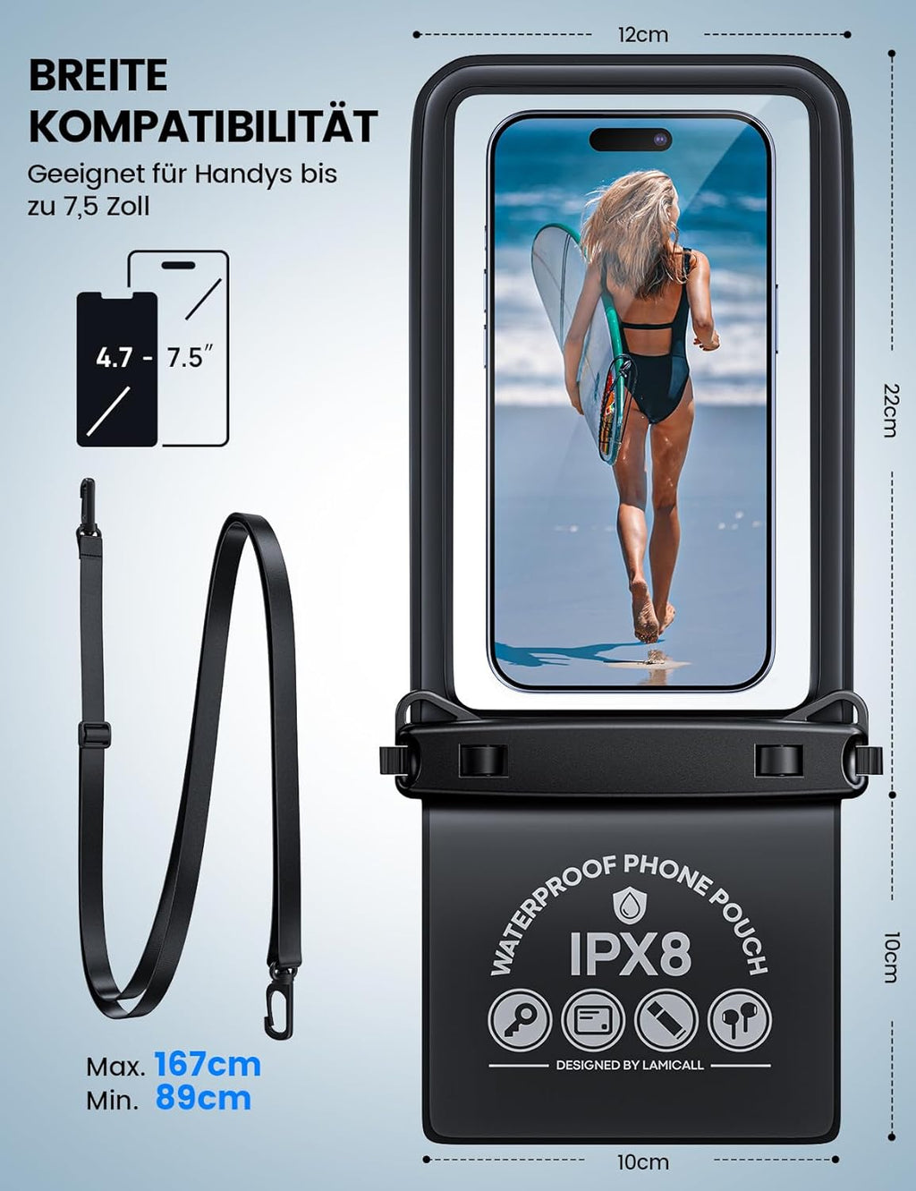Lamicall IPX8 wasserdichte Handytasche mit doppelter Tasche bis 7,5