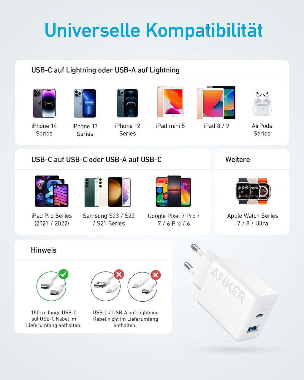 Anker Ladegeraet 20W USB‑C mit 1,5 m Kabel Schnelllade Netzteil