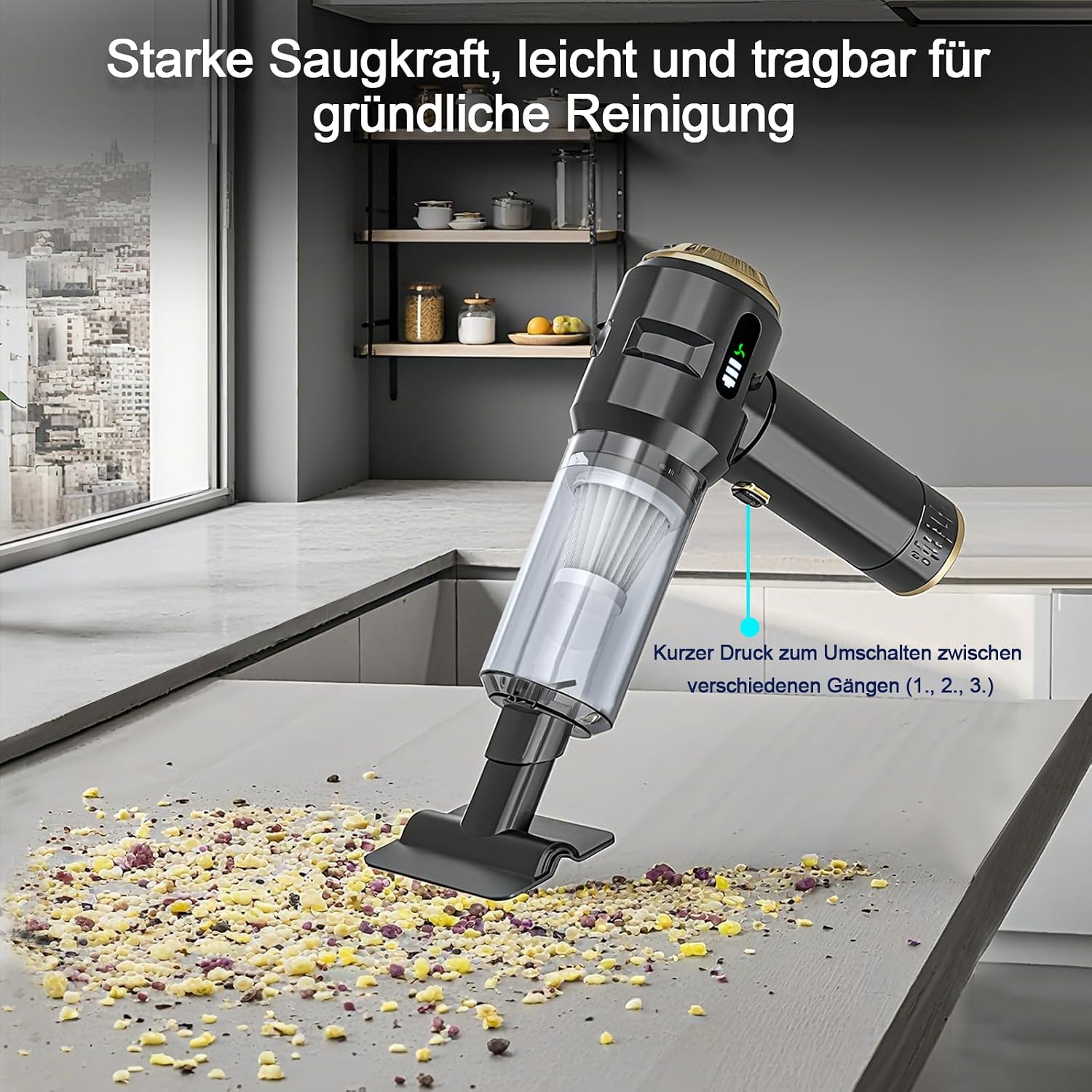 Akku Handstaubsauger 22000 Pa mit Blasfunktion Schwarz Gold