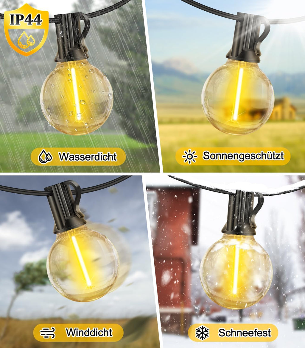 Solar Lichterkette 15m G40 Gluehbirnen 50 LED IP44 wetterfest 3 Modi 15m-30m