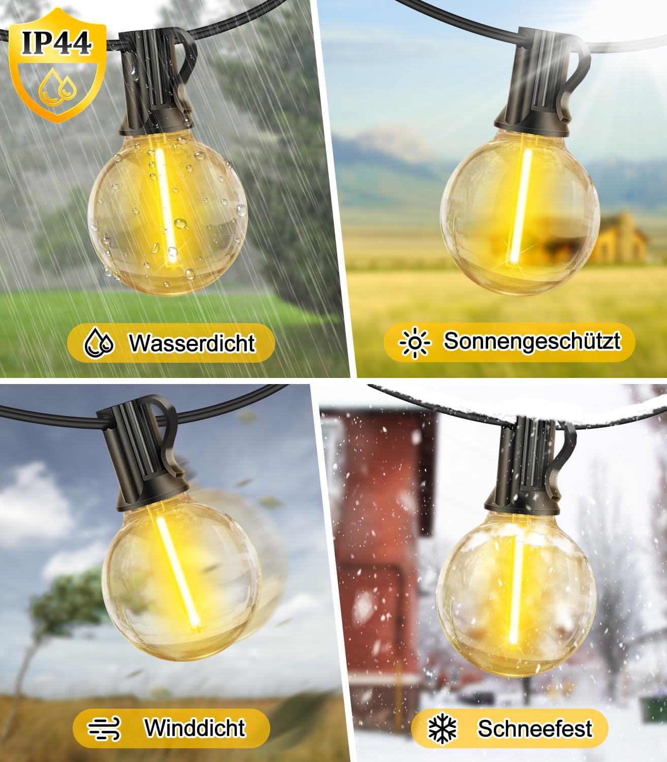 Solar Lichterkette 15m G40 Gluehbirnen 50 LED IP44 wetterfest 3 Modi 15m-30m