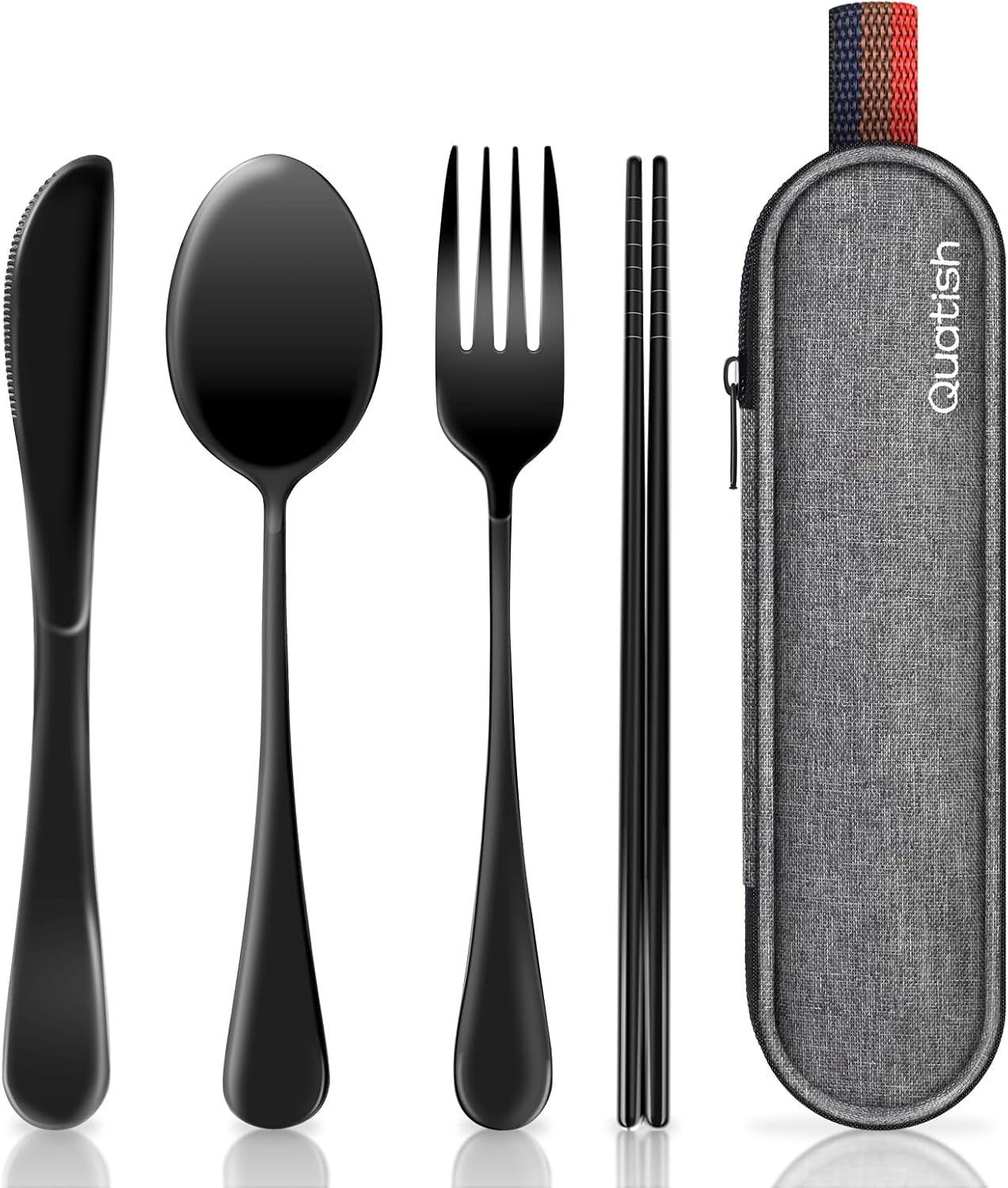 Quatish Campingbesteck 5-teilig aus Edelstahl mit Etui Schwarz