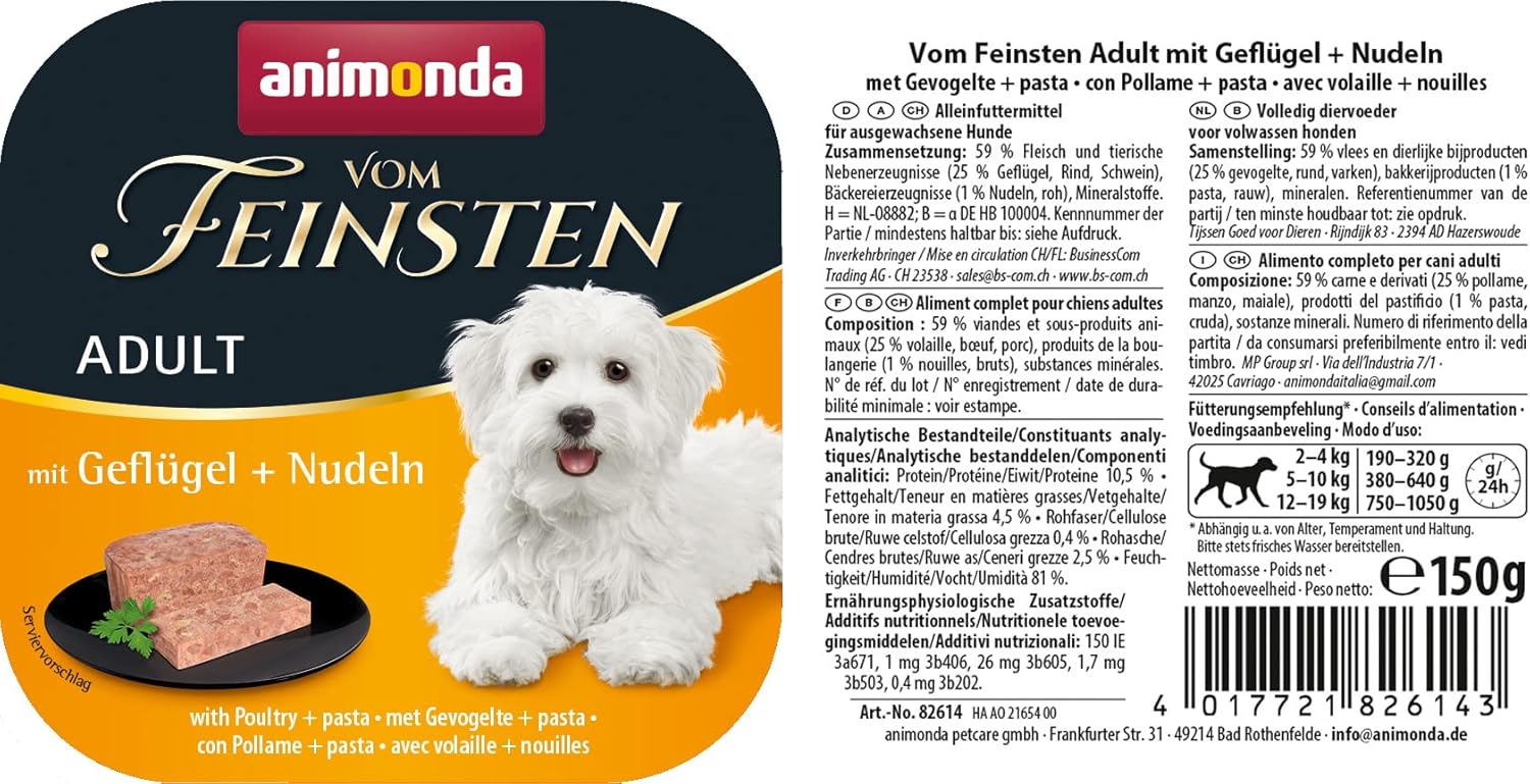 animonda vom Feinsten Hundefutter nass Gefluegel & Nudel 22 x 150 g, zuckerfrei