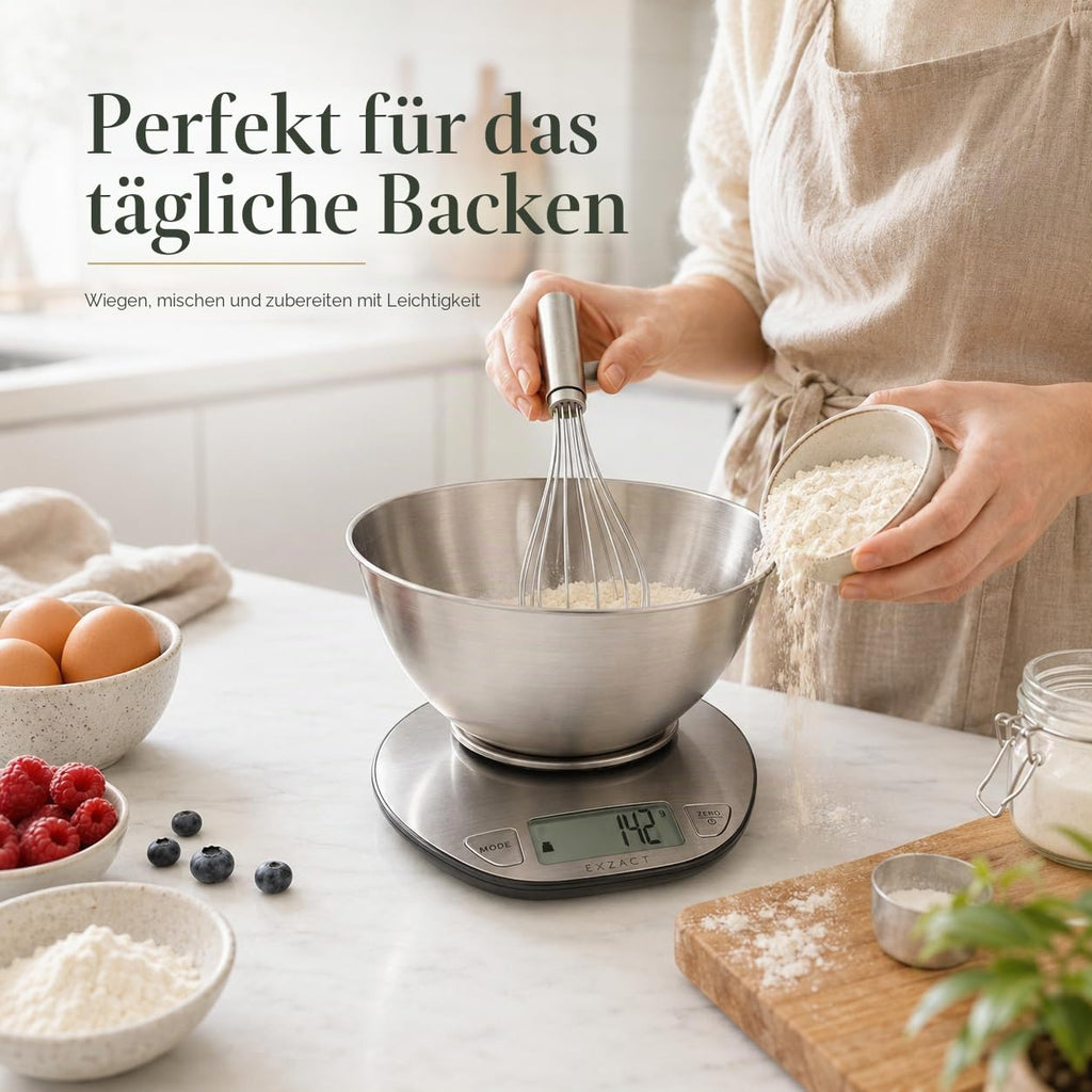 Digitale Kuechenwaage Edelstahl bis mit Schuessel, Tarafunktion, Gramm-Anzeig