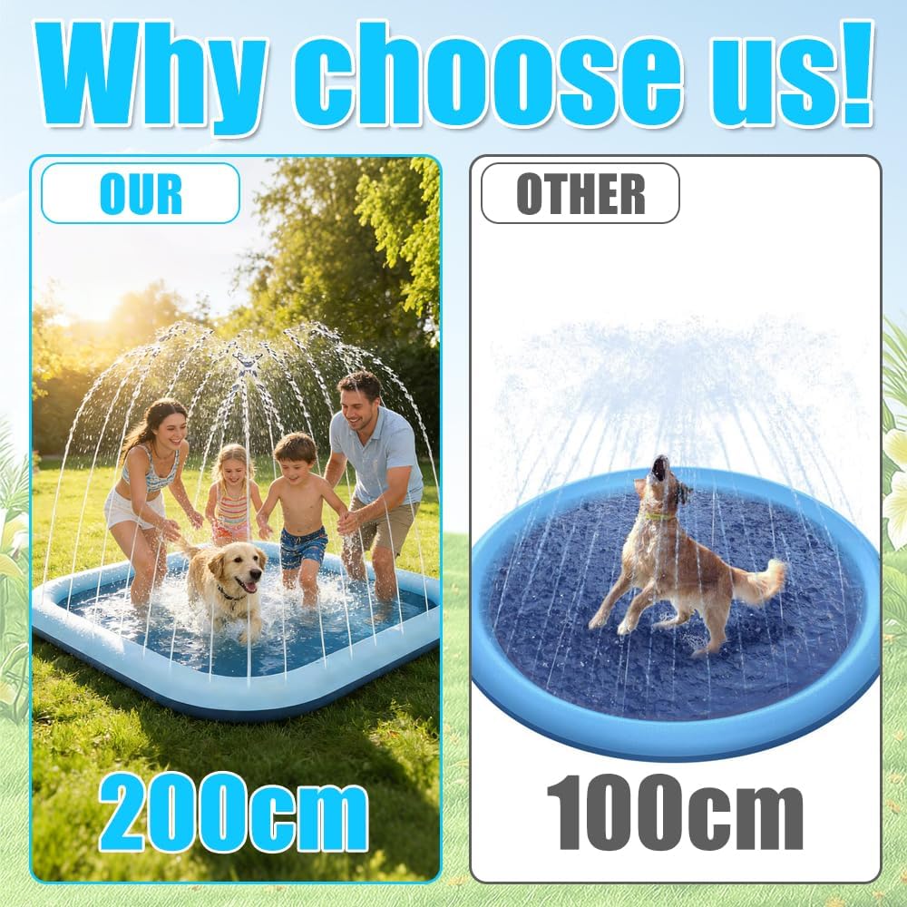 Splash Pad 200 cm Wasserspielmatte quadratisch Kinder Hund Garten