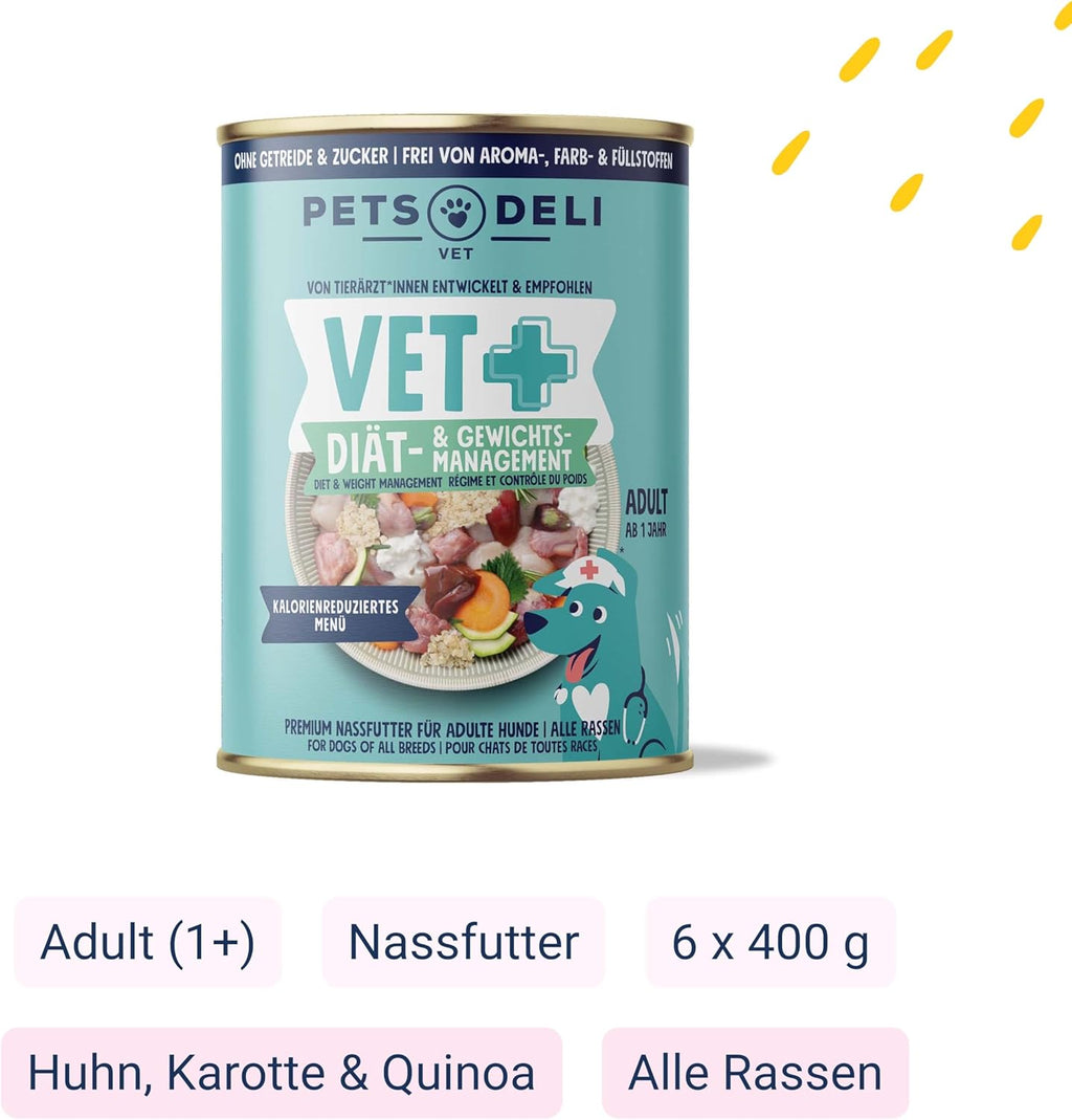 Pets Deli Vet Diaet Hundefutter Nass Huhn Karotte Quinoa 6x400g kalorienreduziert