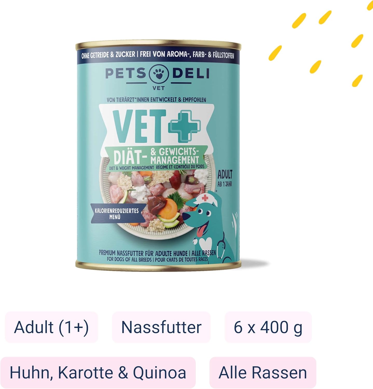 Pets Deli Vet Diaet Hundefutter Nass Huhn Karotte Quinoa 6x400g kalorienreduziert