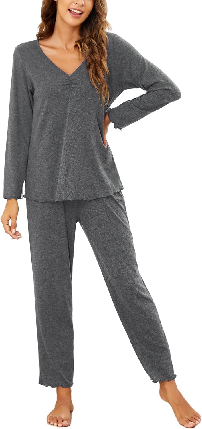 Ekouaer Damen Schlafanzug Zweiteiler lang kuschelig Herbst Pyjama S-XXL
