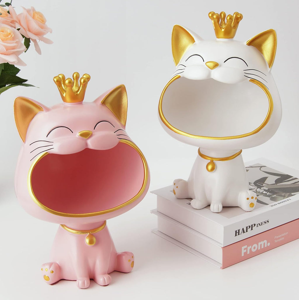 Lachende Katzenstatue Aufbewahrungsbox M-L Weiss Schmuck Schluessel Deko