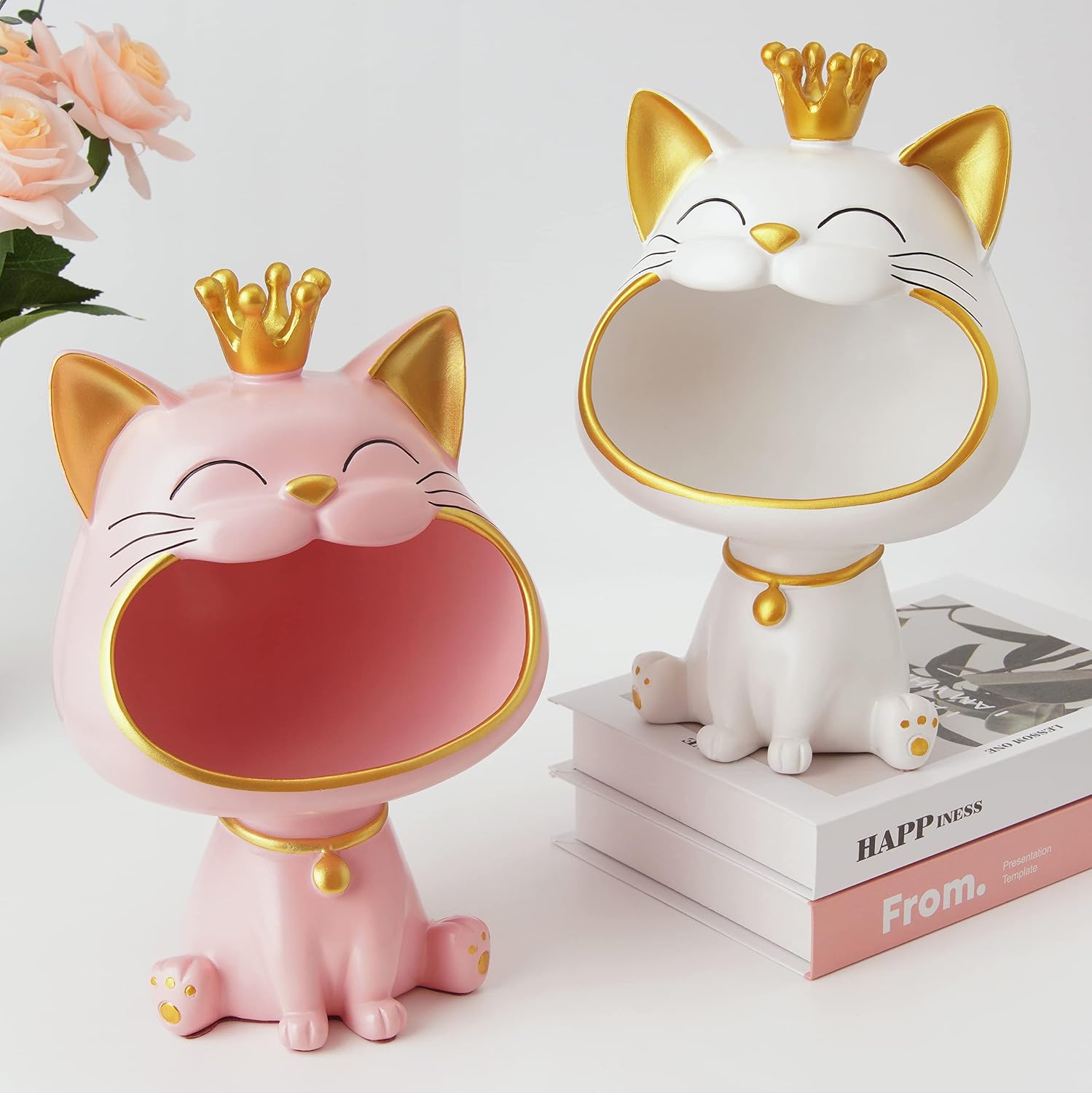Lachende Katzenstatue Aufbewahrungsbox M-L Weiss Schmuck Schluessel Deko