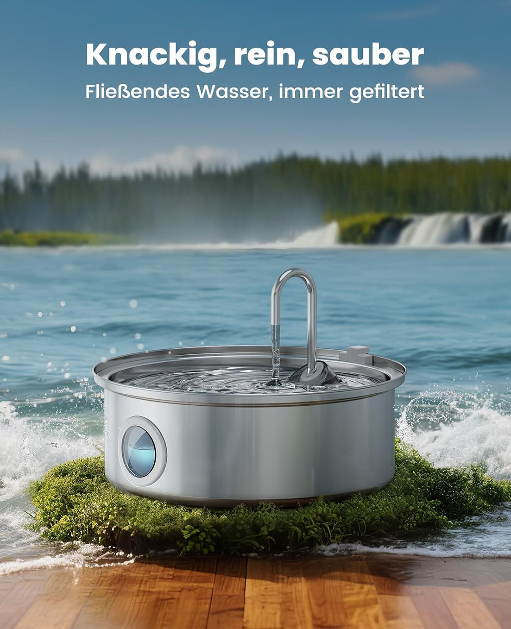 oneisall Trinkbrunnen fuer Hunde Edelstahl mit LED, 5‑Schicht Filter