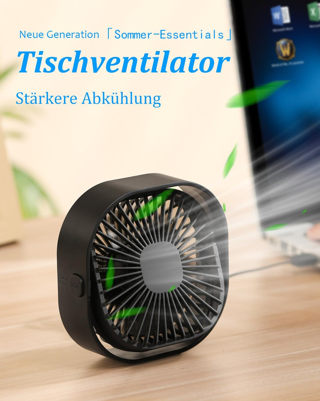 benpen Mini USB Tischventilator leise 3 Stufen, kompakt fuer Schreibtisch