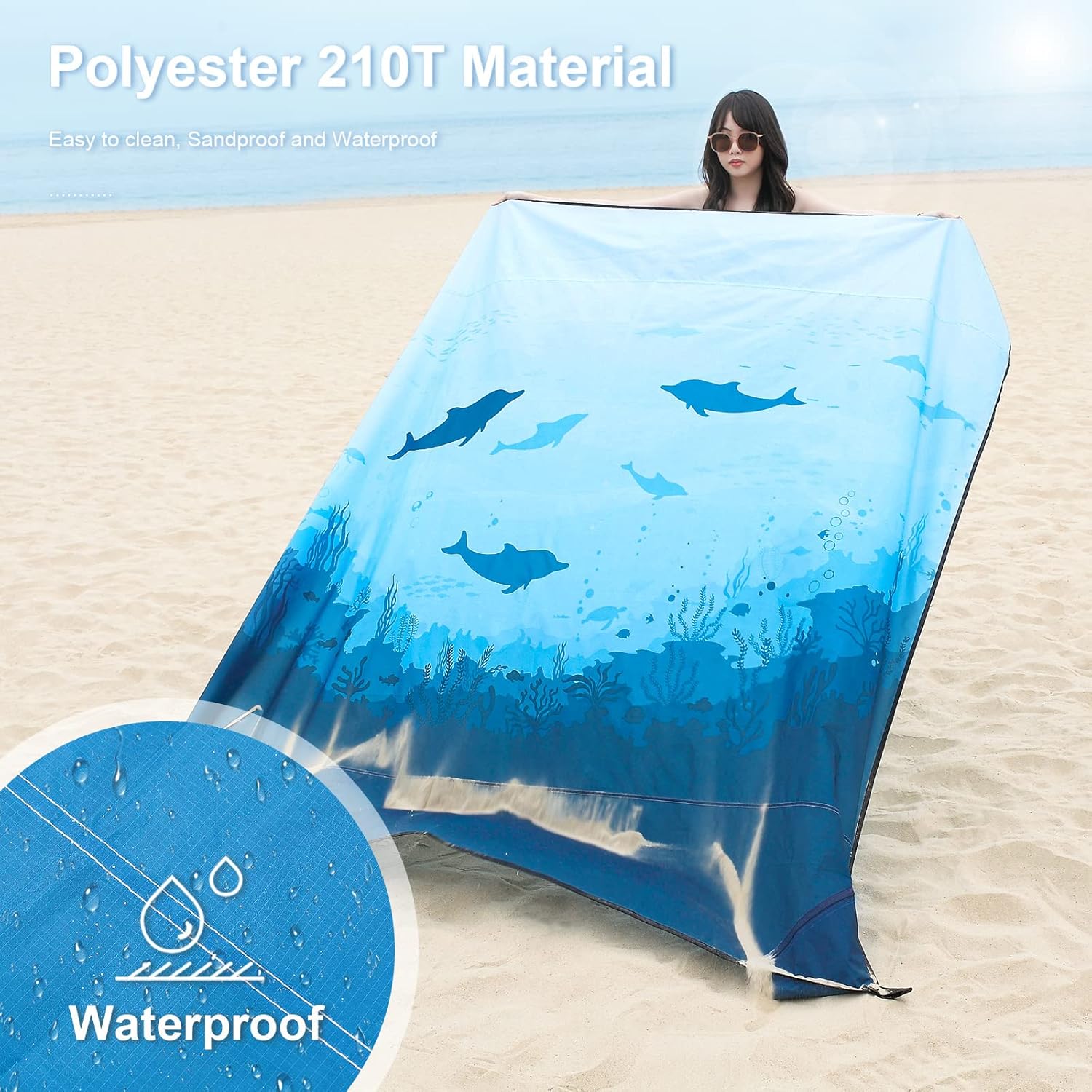 DEWUR Stranddecke sandfrei XXL 210x200 cm wasserdicht Picknickdecke Sea Fish