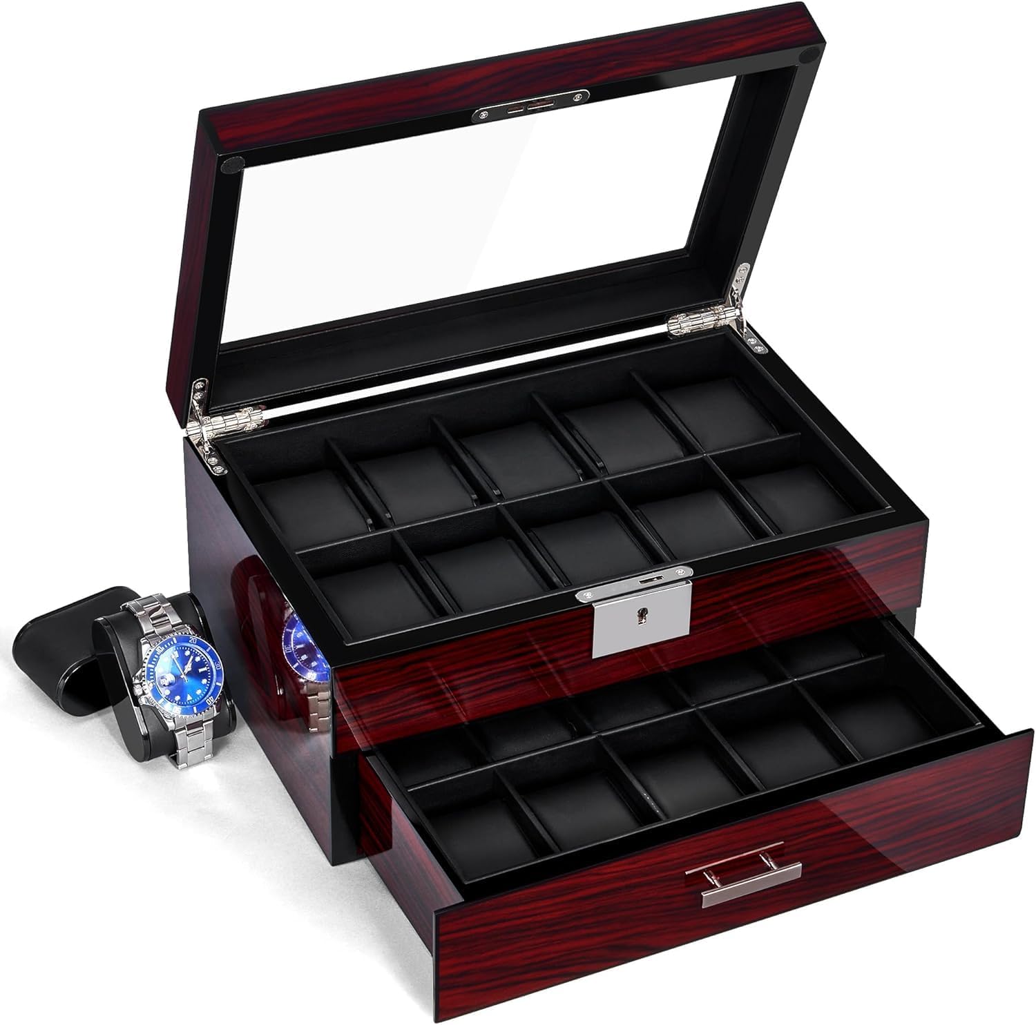 ANWBROAD Uhrenbox 20 Faecher Uhrenaufbewahrung Reiseetui Herren mit Glasdeckel