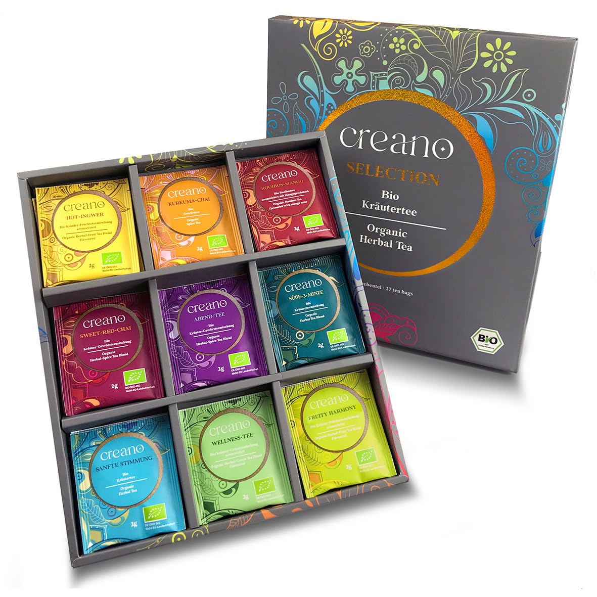 Creano Bio Tee Geschenkset 27 Teebeutel 9 Sorten Geschenkbox