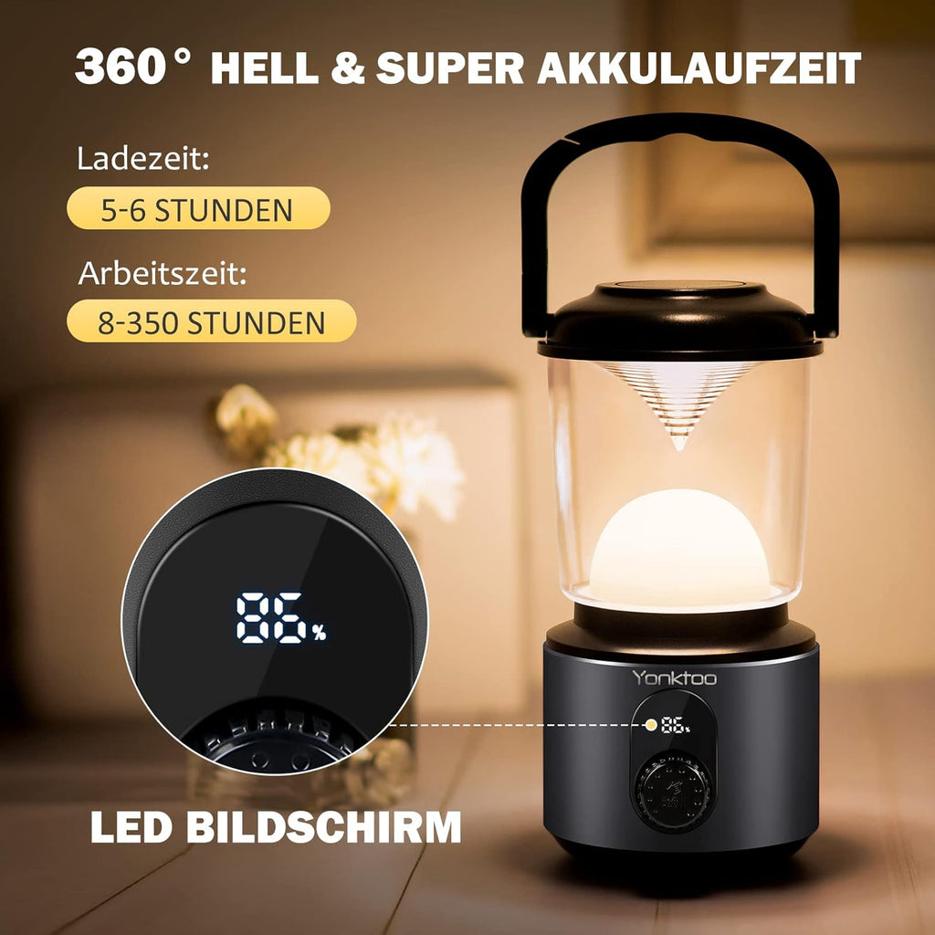 Yonktoo Campinglampe USB‑C 10400 mAh LED mit rotem Licht, LCD, IPX5