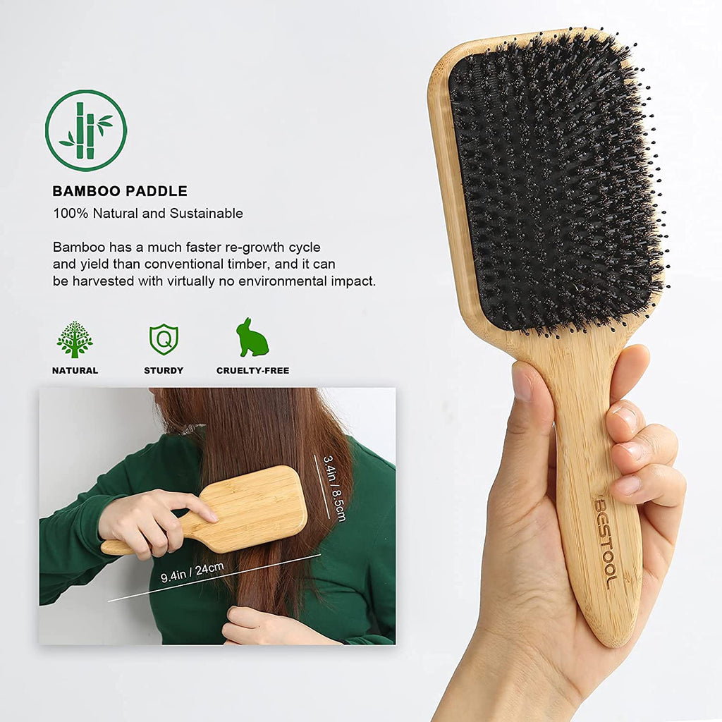 BESTOOL Bambus Paddle Haarbuerste mit Wildschweinborsten und Nylon
