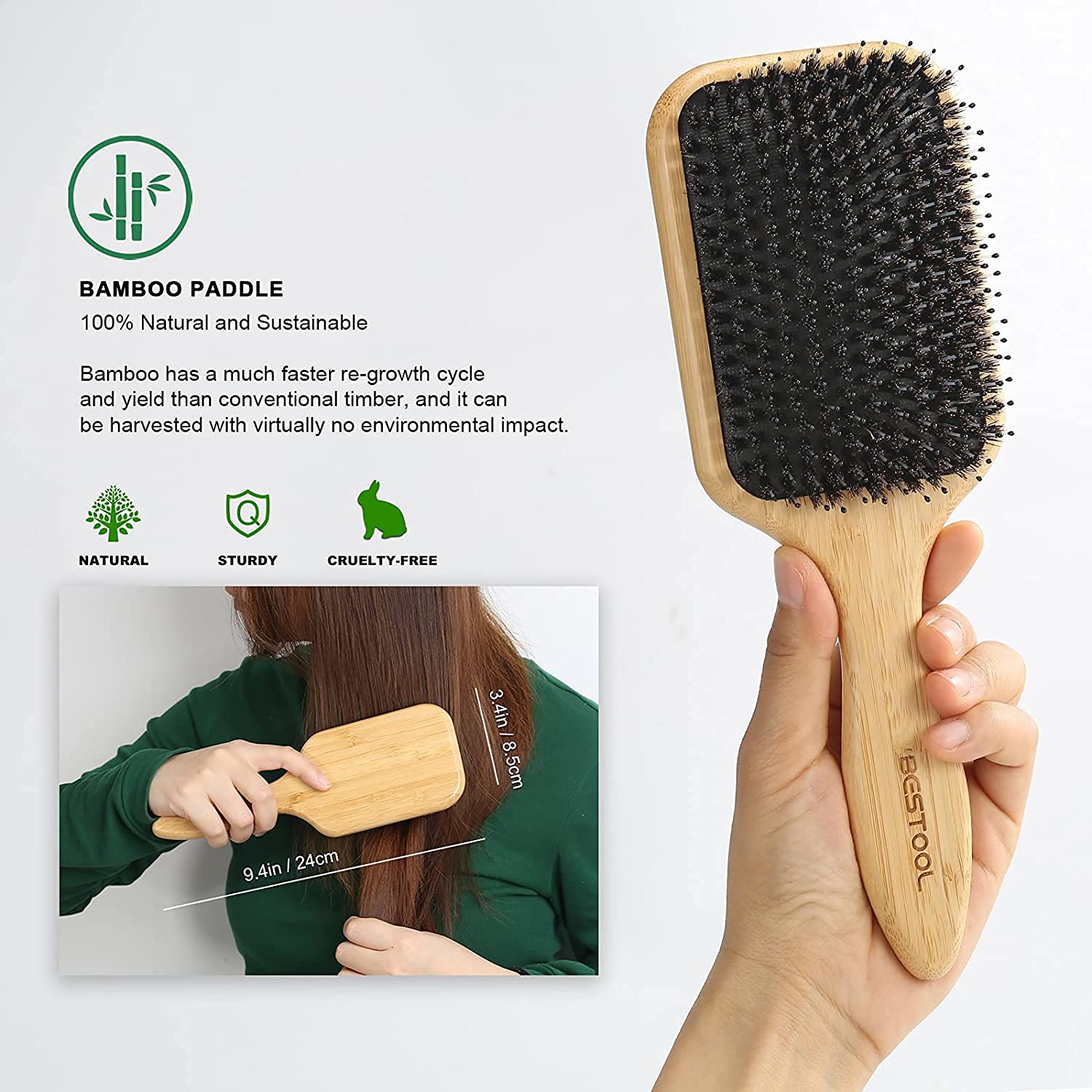BESTOOL Bambus Paddle Haarbuerste mit Wildschweinborsten und Nylon