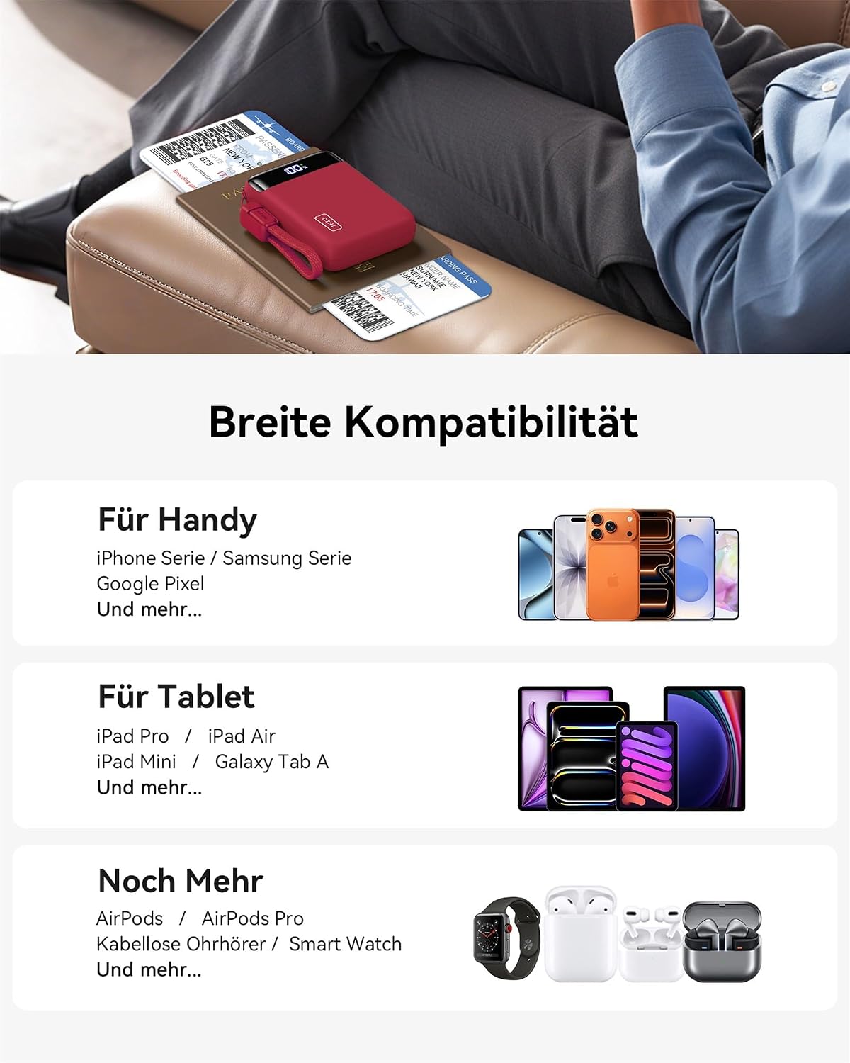 INIU Powerbank 20000 mAh 22.5W mit abnehmbarem USB‑C Kabel, flugtauglich