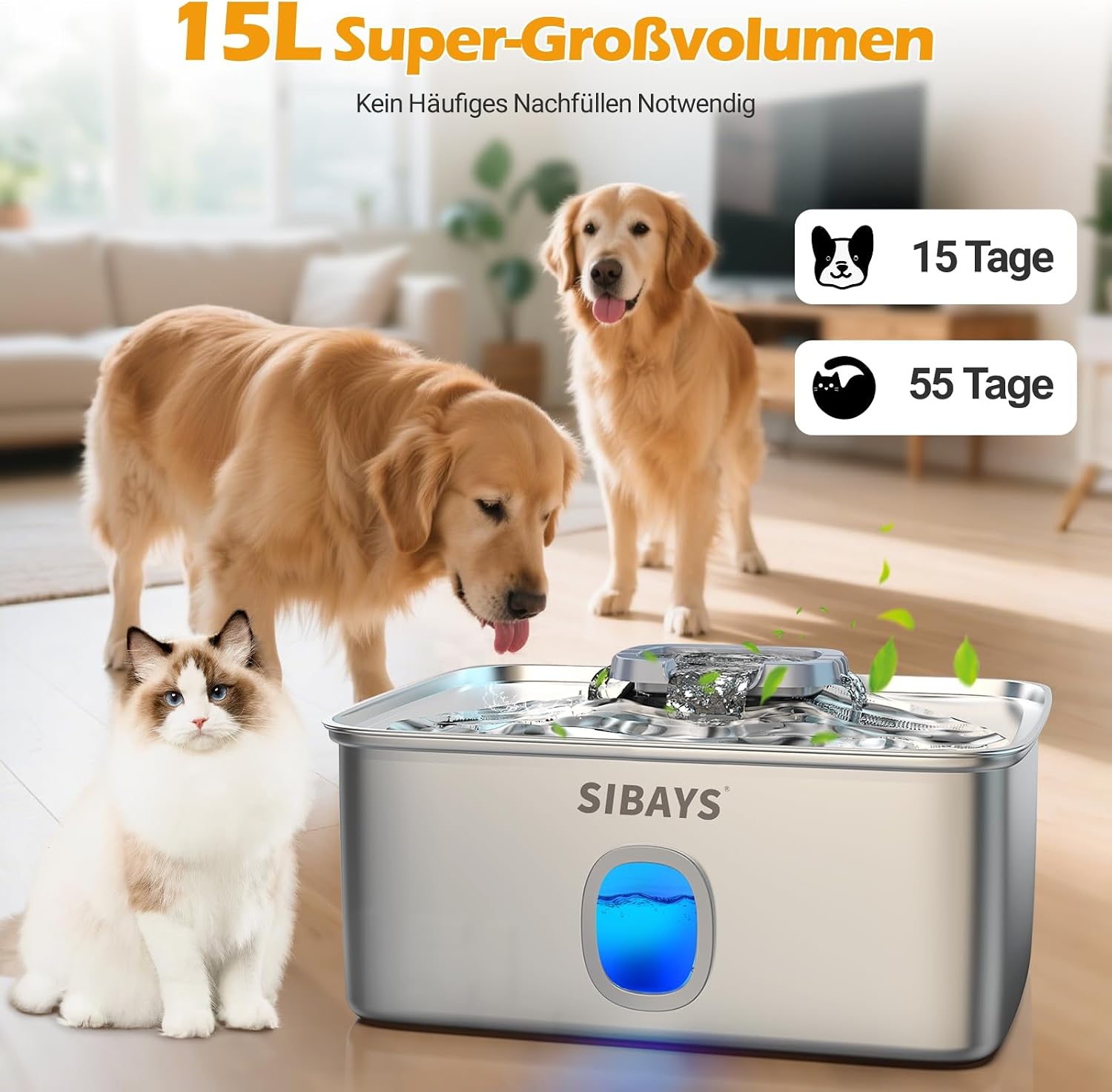Edelstahl Trinkbrunnen 15L fuer Katze und Hund mit breiter Schale und LED