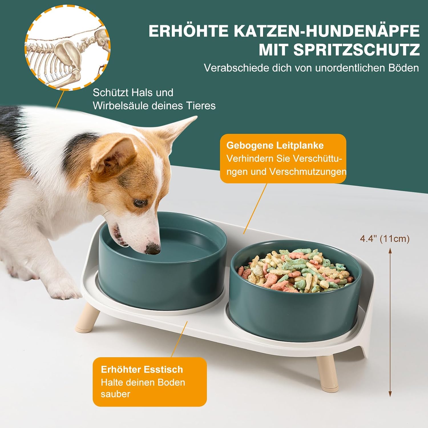 Erhoehter Keramik Hundenapf 2x720 ml mit Staender rutschfest gruen fuer Hunde Katzen