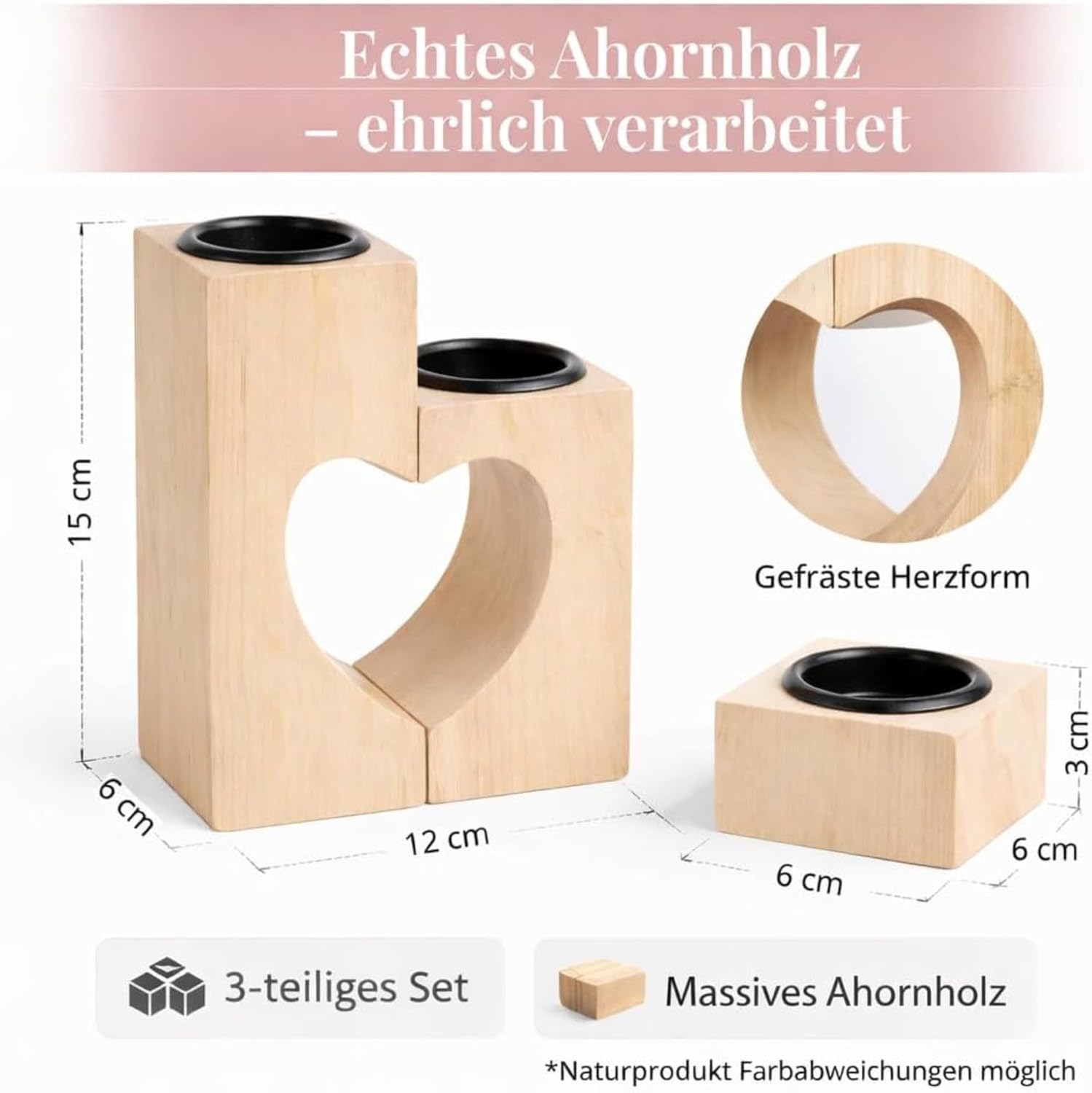 Teelichthalter Herz 3er Set aus Akazienholz 15 cm Valentinstag Geschenk