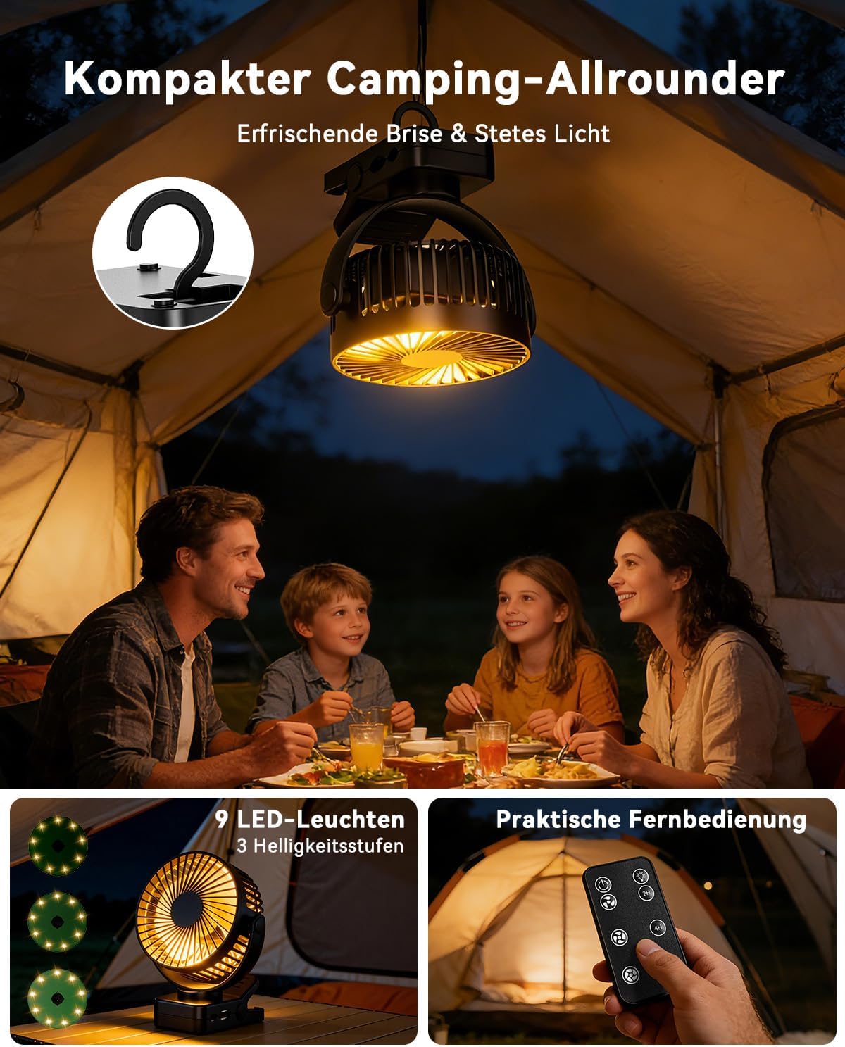 USB Tischventilator mit 12000mAh Akku, Clip, Fernbedienung, Licht, Timer, 360°