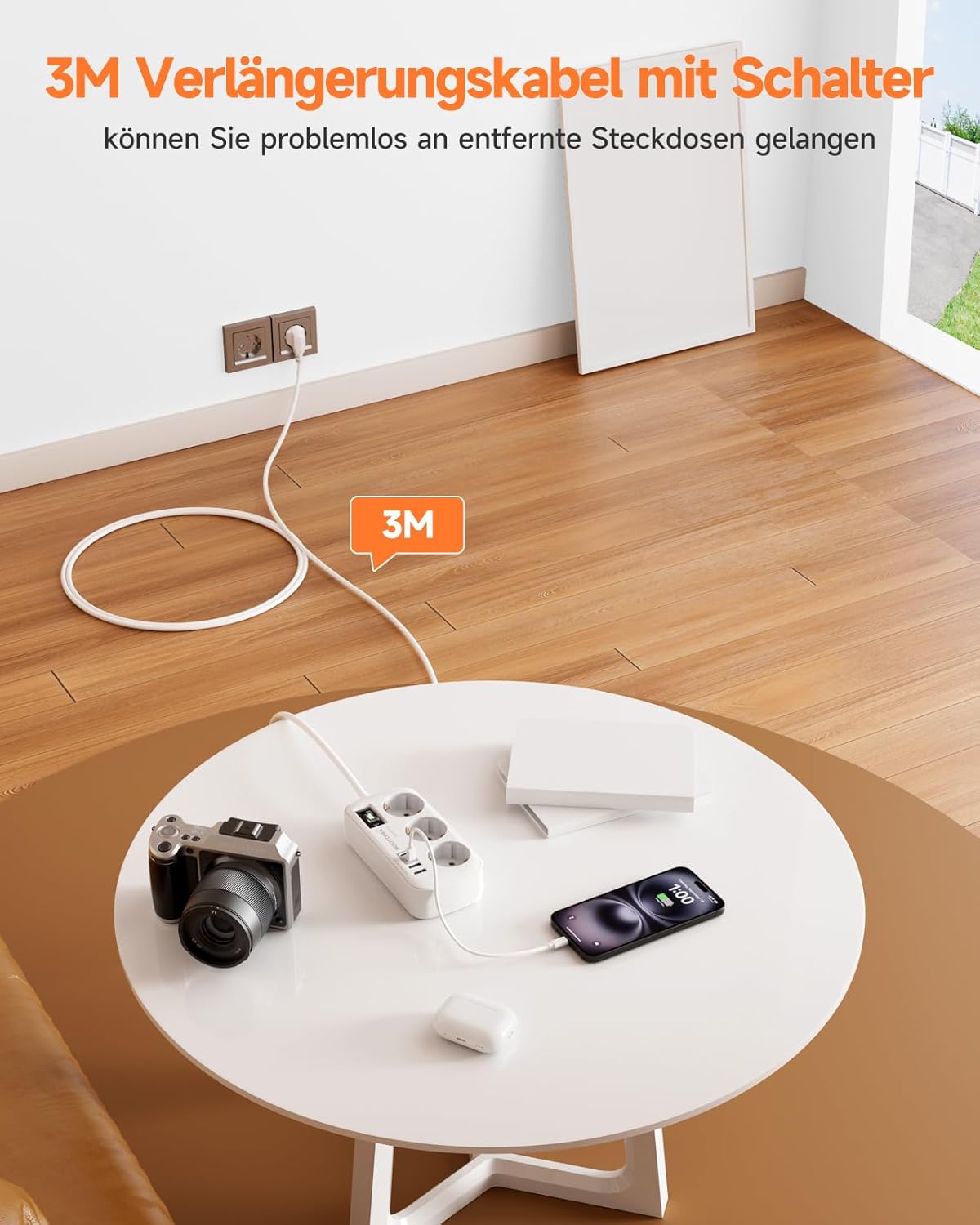 Steckdosenleiste 3-fach mit Ueberspannungsschutz und 4 USB 2x USB-C 1,5m-5m Weiss